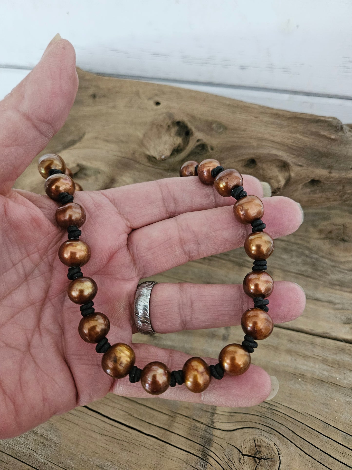 Copper Freshwater Pearls on Black Leather Necklace