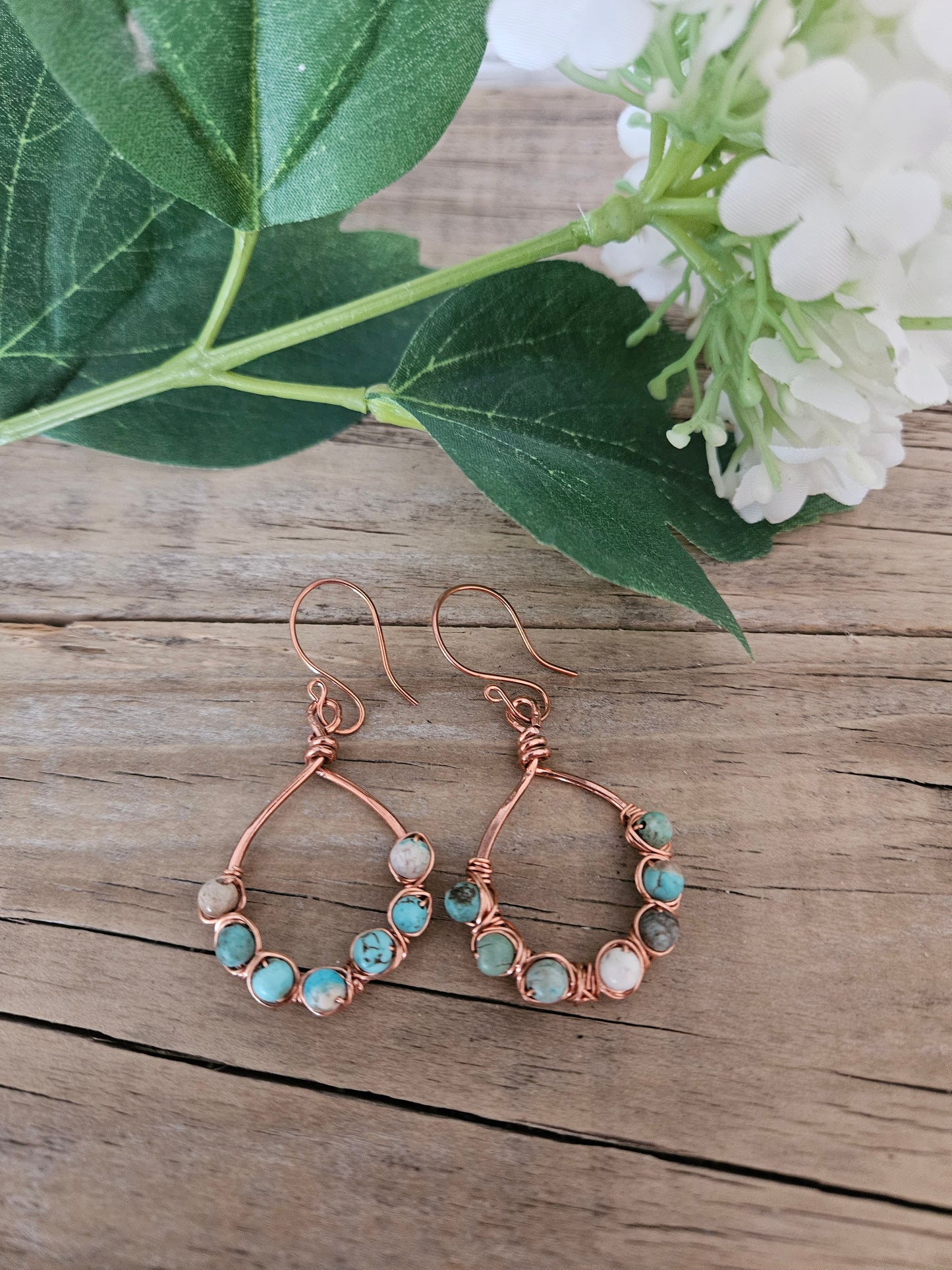 Copper Wire Wrapped Dangle Teardrop shape Earrings with African Turquoise Stones
