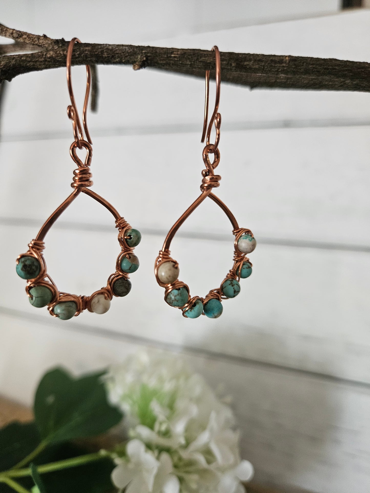 Copper Wire Wrapped Dangle Teardrop shape Earrings with African Turquoise Stones
