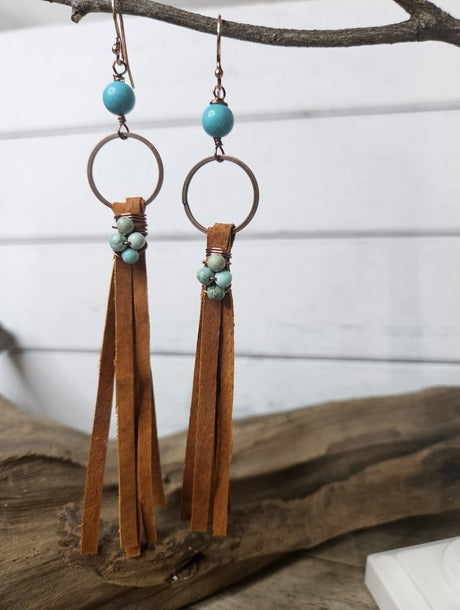 Country Western Copper Leather Fringe Turquoise Dangle Earrings
