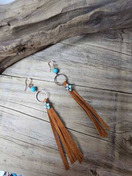 Country Western Copper Leather Fringe Turquoise Dangle Earrings