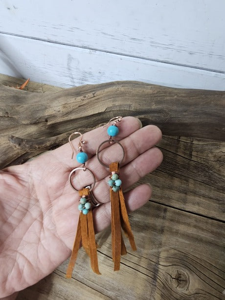 Country Western Copper Leather Fringe Turquoise Dangle Earrings
