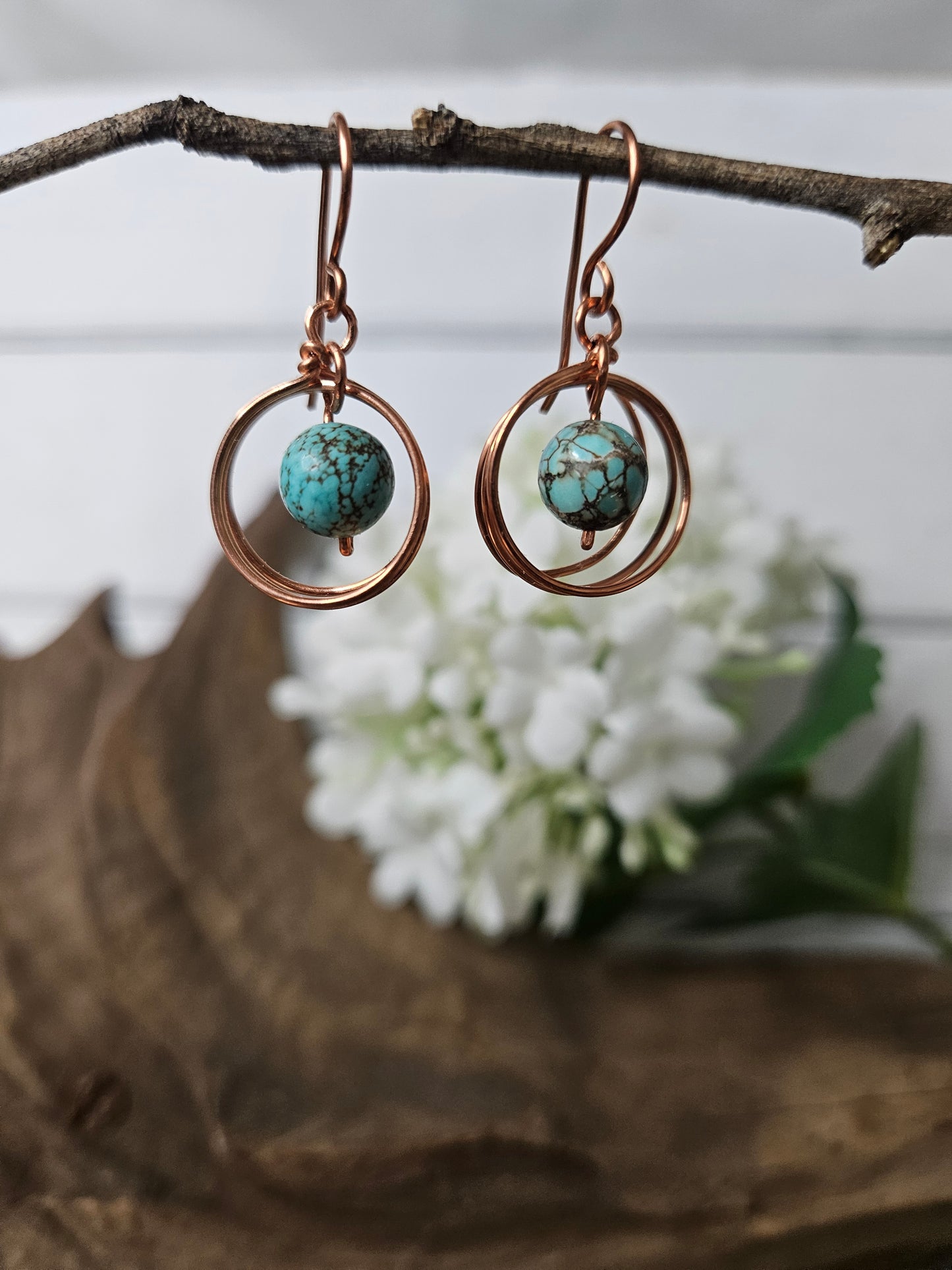 Copper Wire Dangle Earrings - with Turquoise color or Sodalite Stones