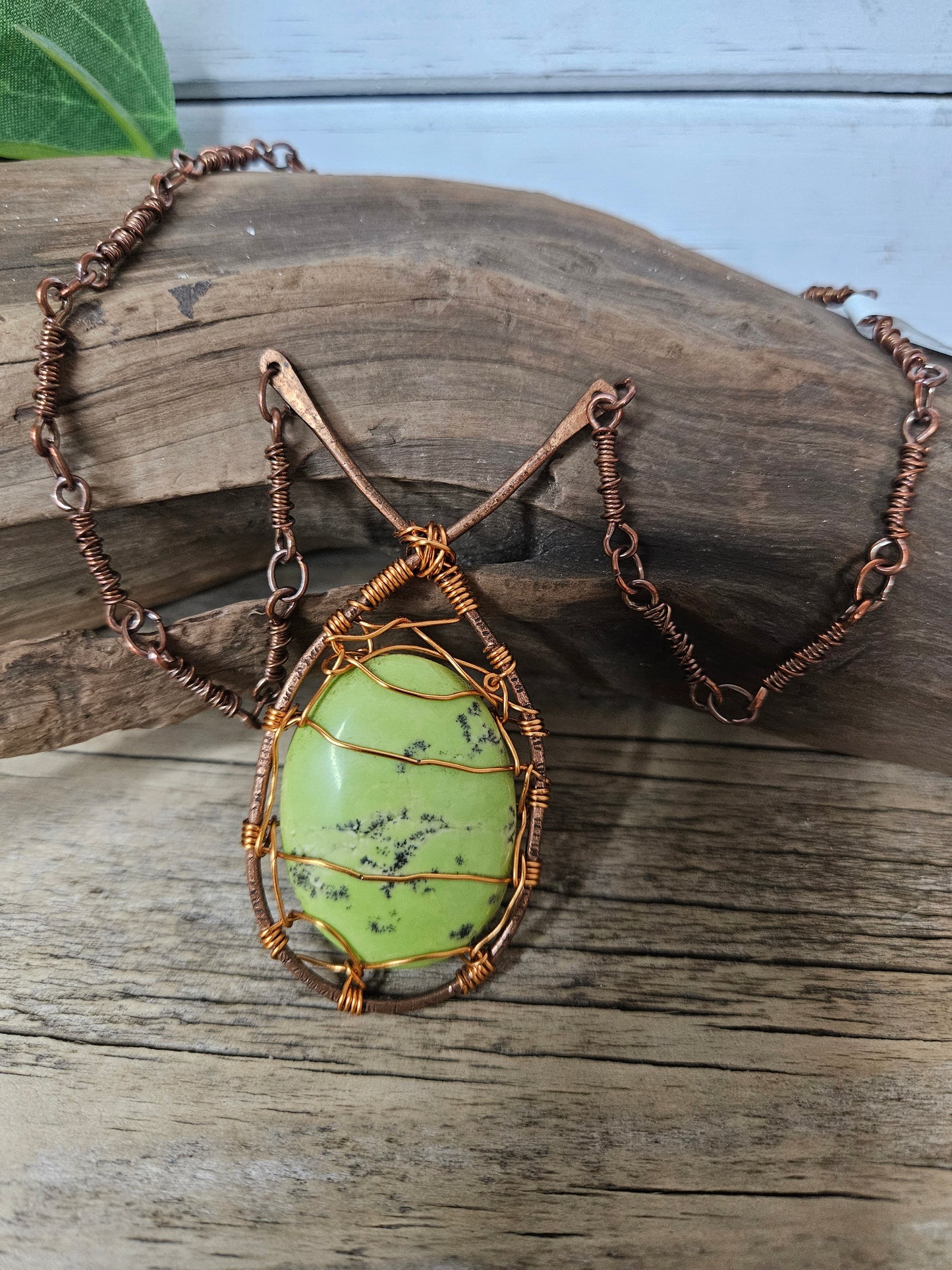 Wire Wrapped Green Howlite Stone Pendant Necklace
