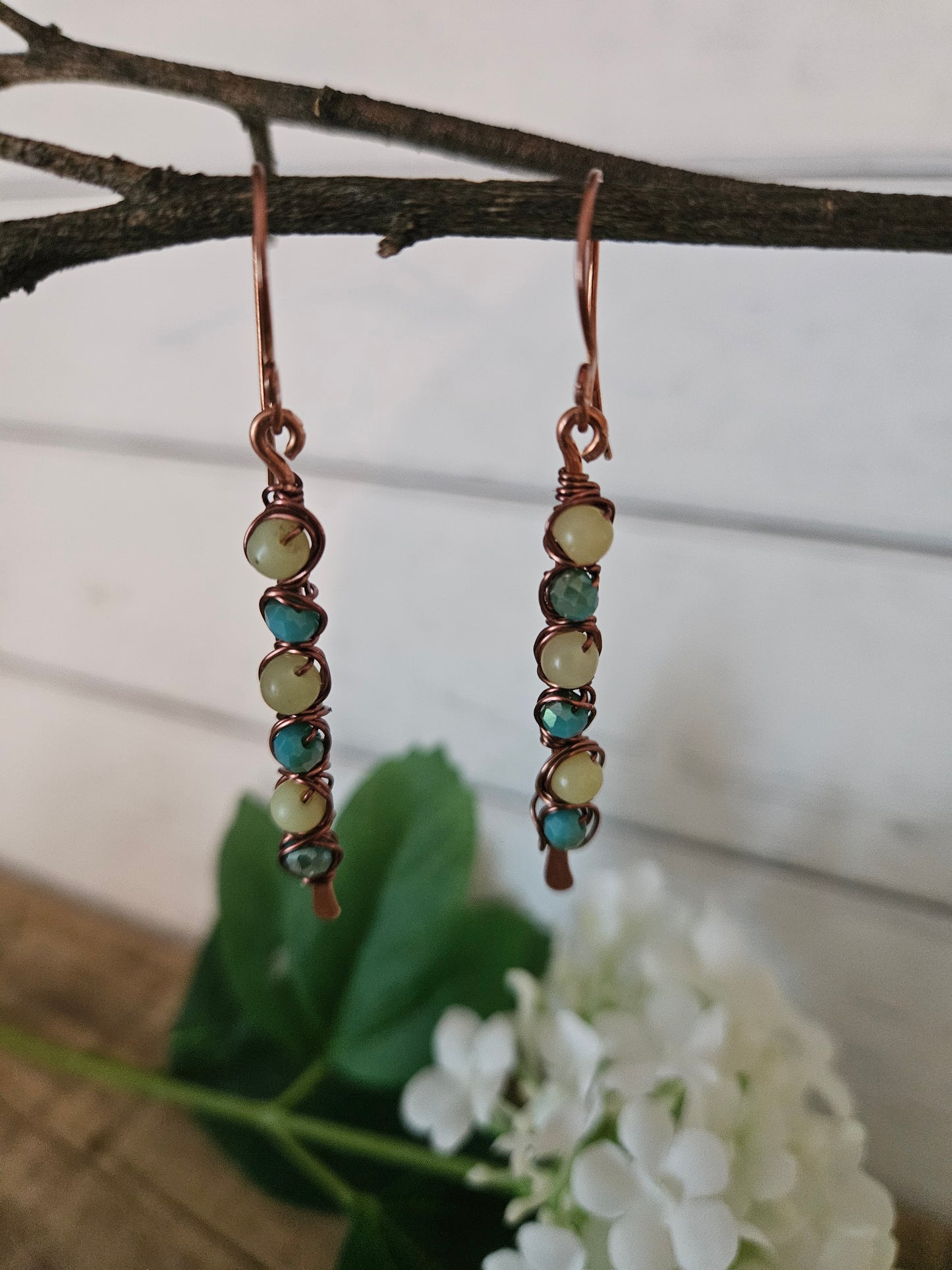 Copper Turquoise Color Sparkle Wire wrapped  Dangle Earrings