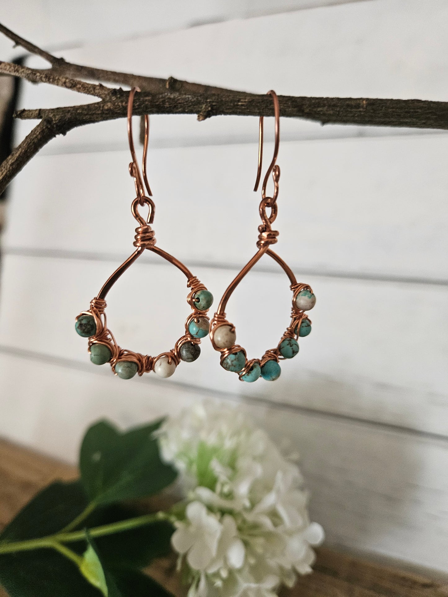 Copper Wire Wrapped Dangle Teardrop shape Earrings with African Turquoise Stones