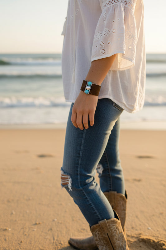 Boho Genuine Hair on Leather Hide Howlite -Stone -Pearl Bracelet