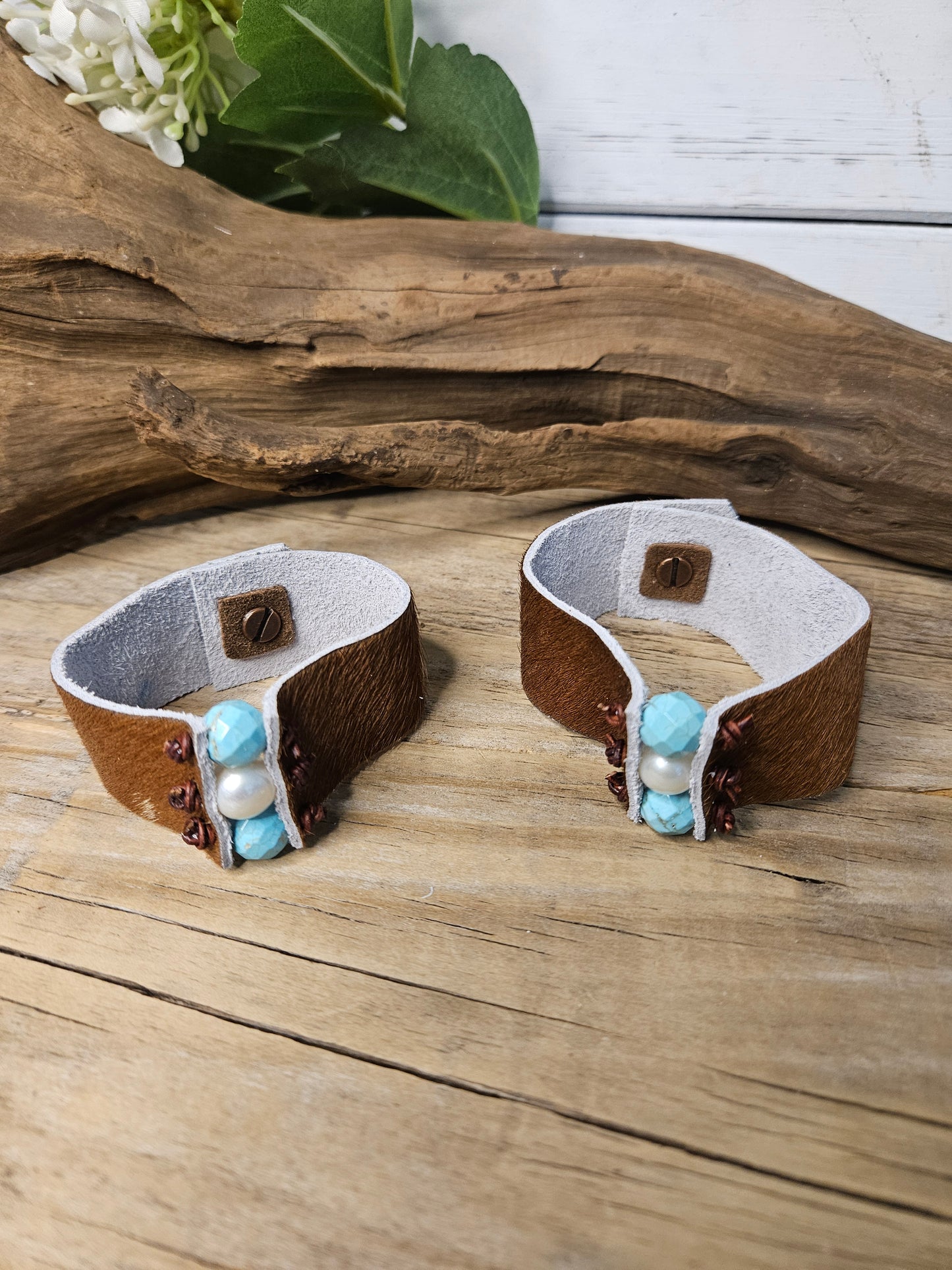 Boho Genuine Hair on Leather Hide Howlite -Stone -Pearl Bracelet