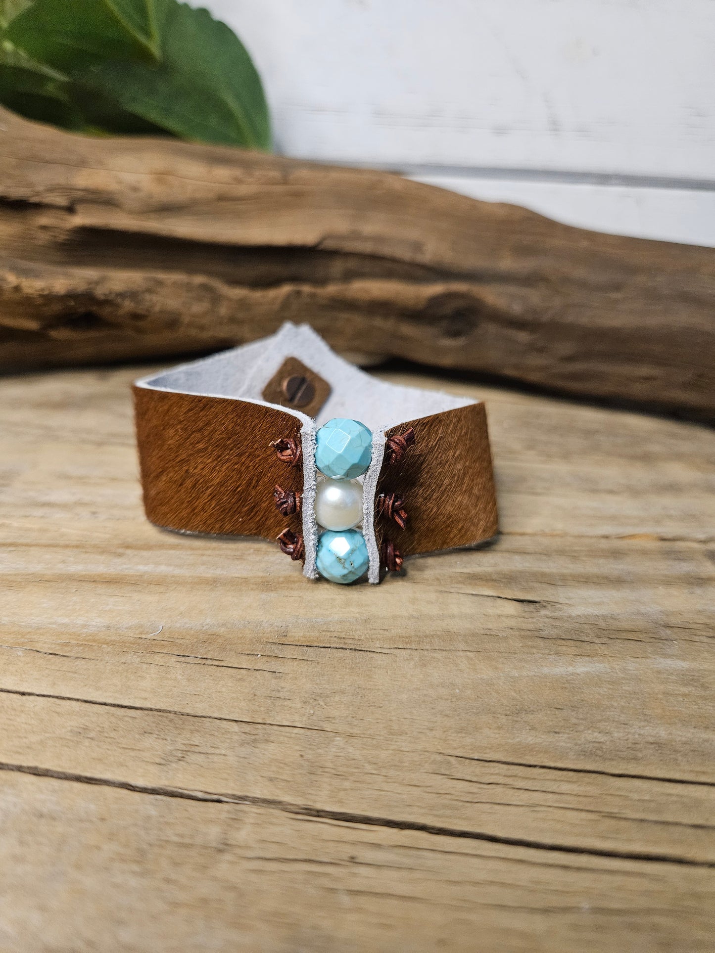 Boho Genuine Hair on Leather Hide Howlite -Stone -Pearl Bracelet