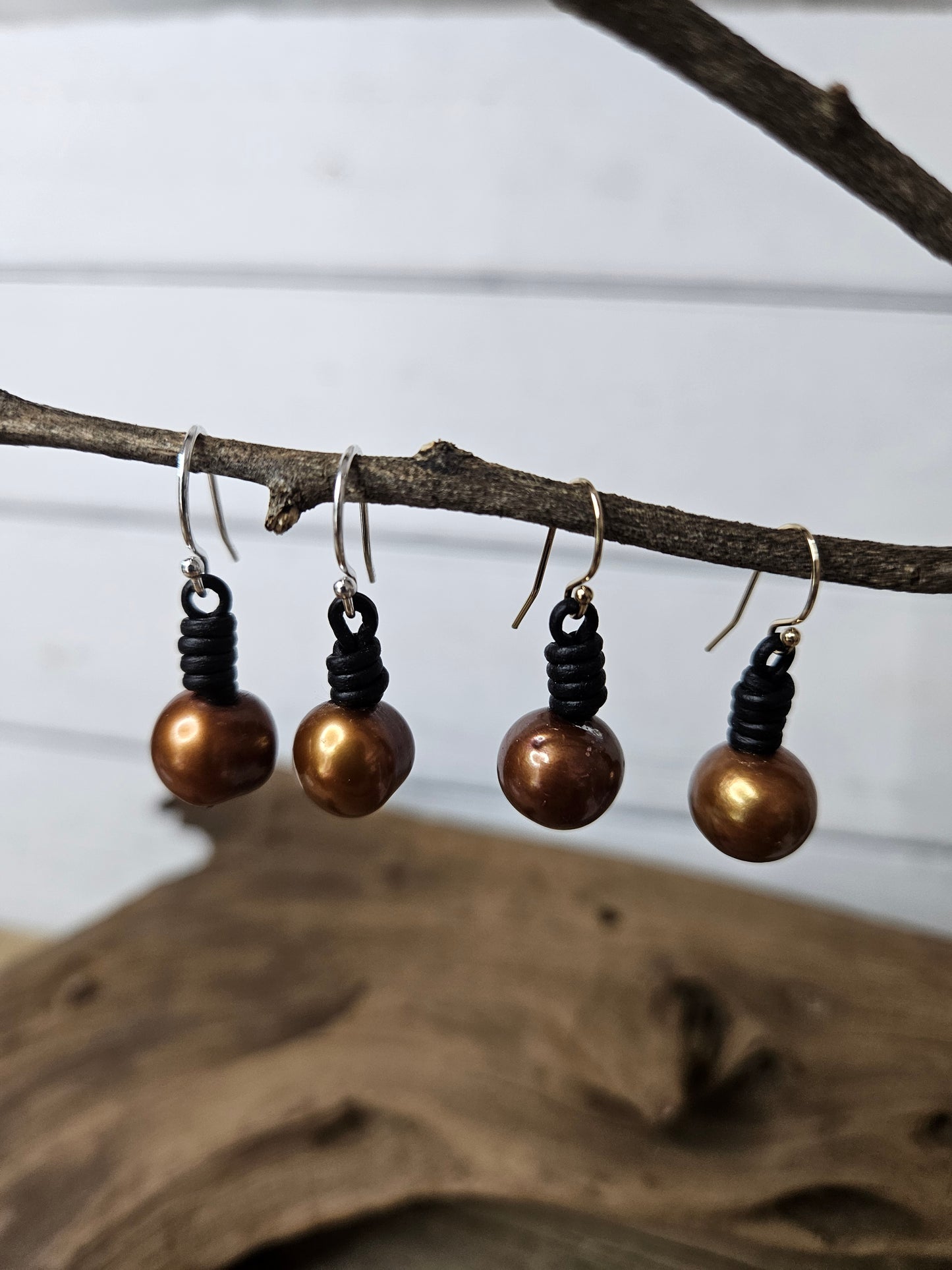 Copper Freshwater Pearl Black Leather Dangle Earrings