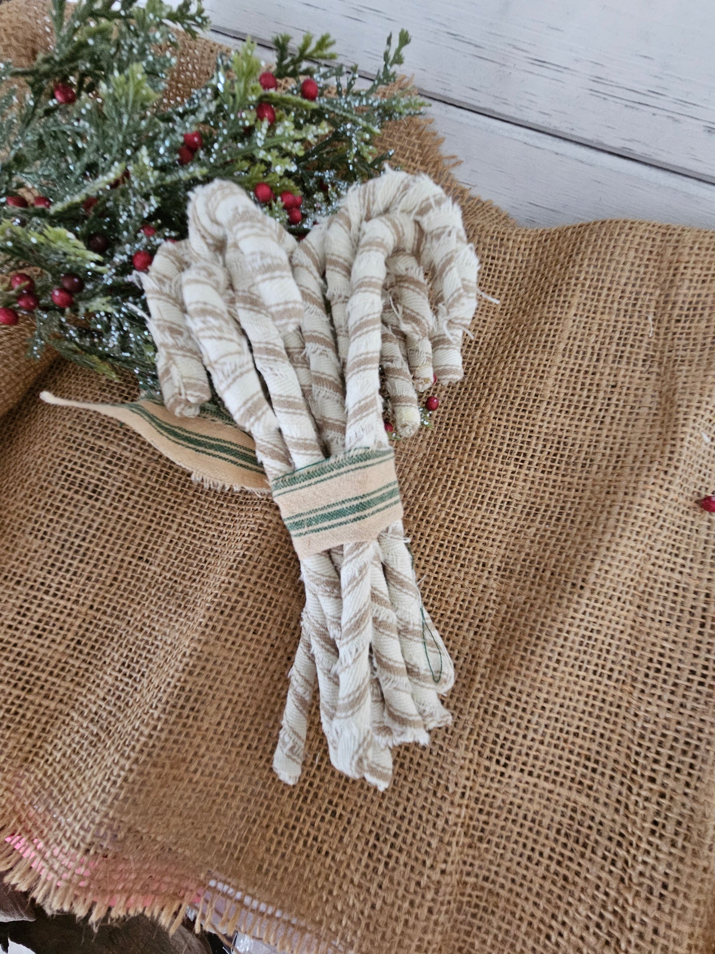 Handmade Ticking Fabric Candy Canes - Primitive Christmas Bowl Fillers, Set of 12