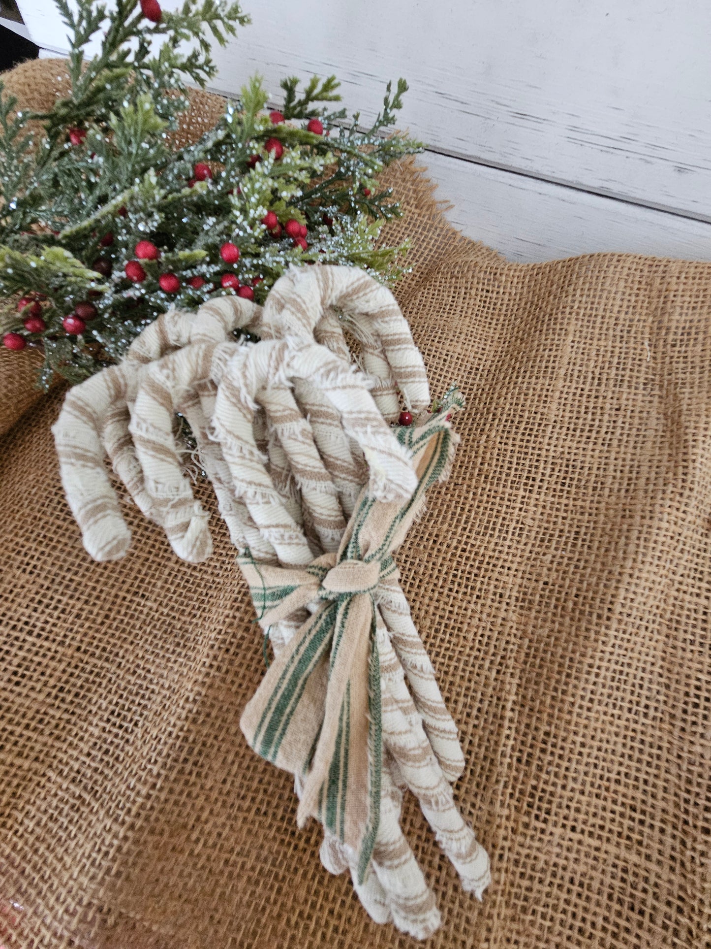 Handmade Ticking Fabric Candy Canes - Primitive Christmas Bowl Fillers, Set of 12
