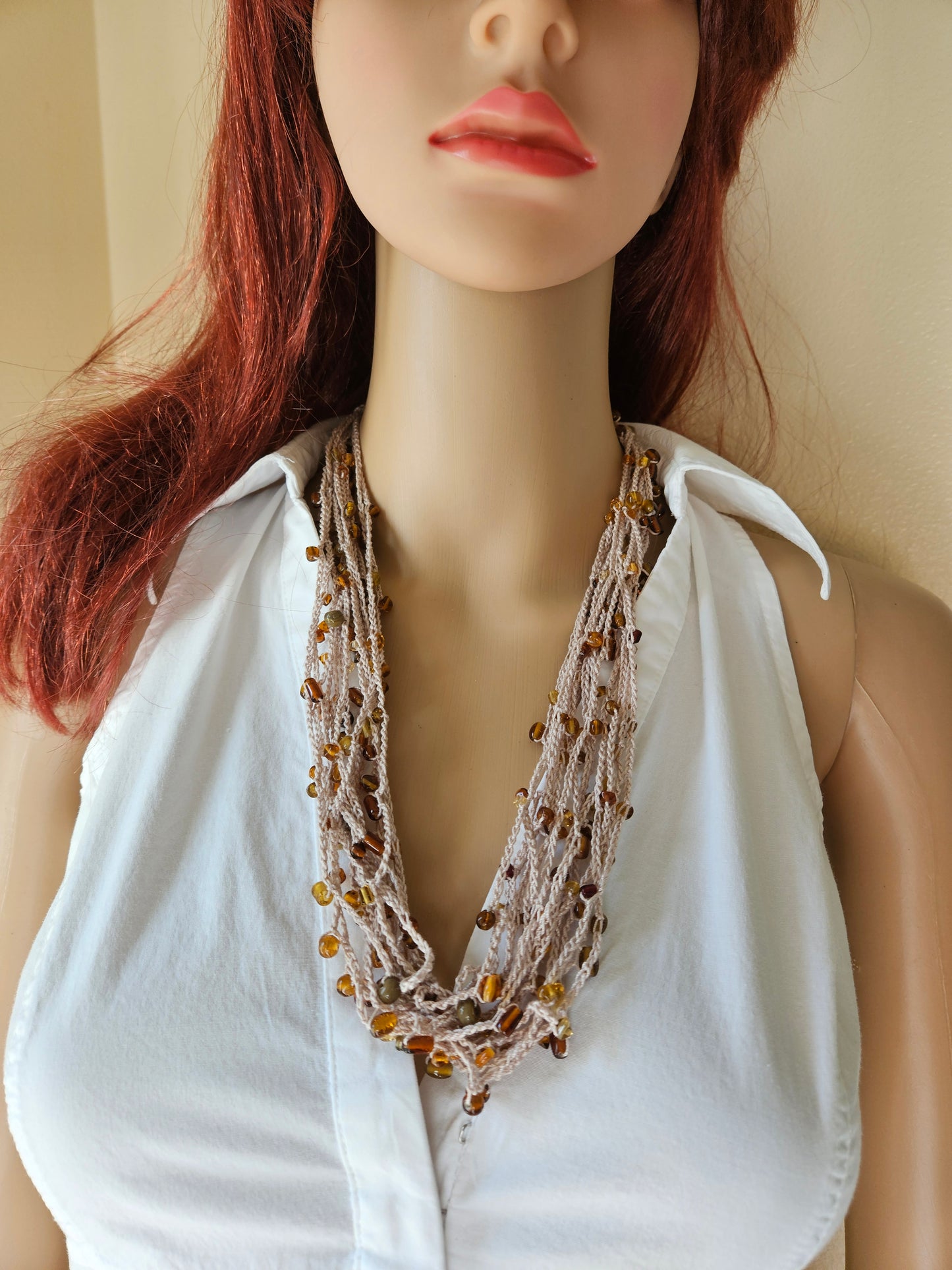 Multi Strand Hand Crochet Amber Glass Bead Minimalist Necklace