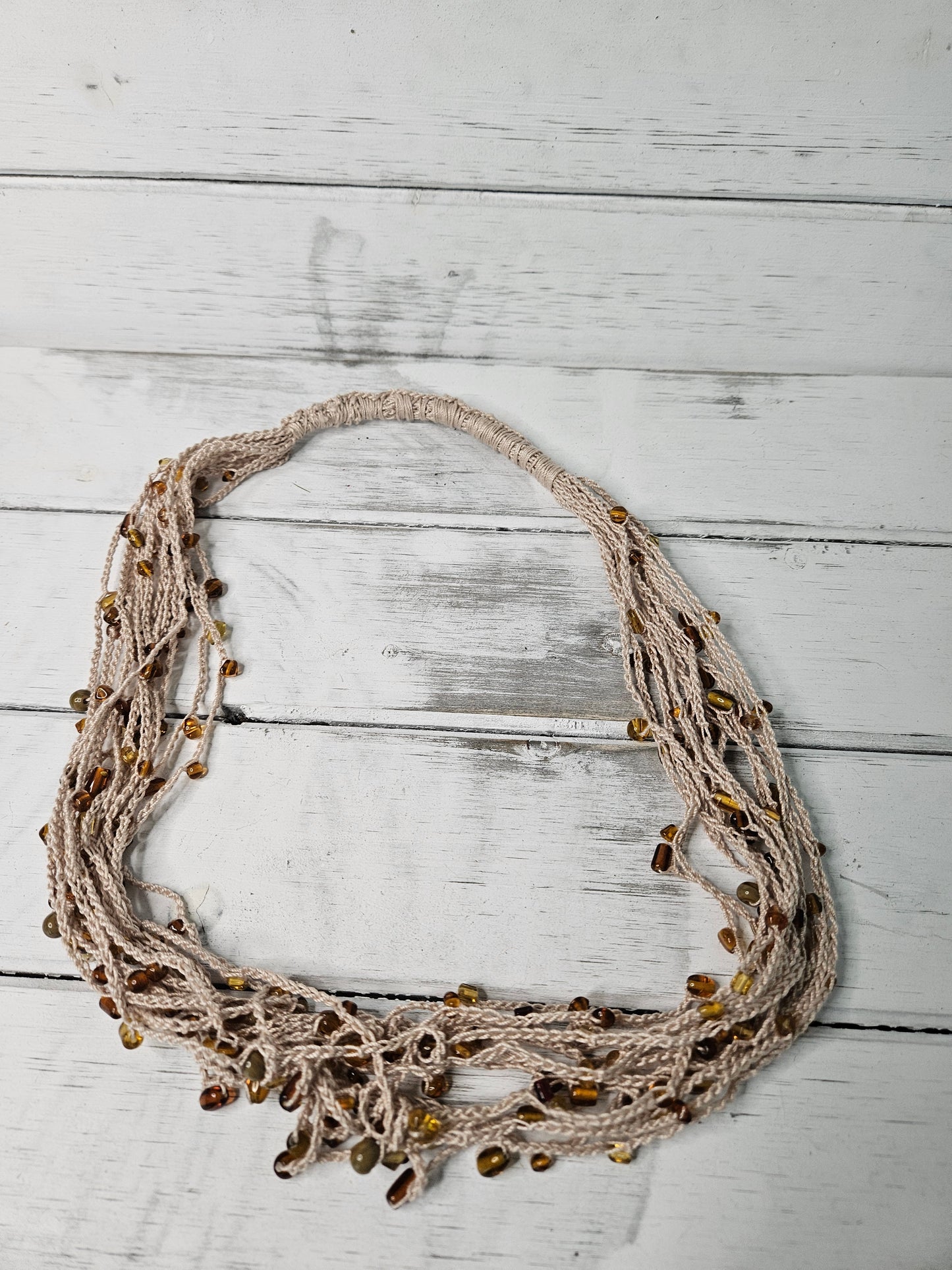 Multi Strand Hand Crochet Amber Glass Bead Minimalist Necklace