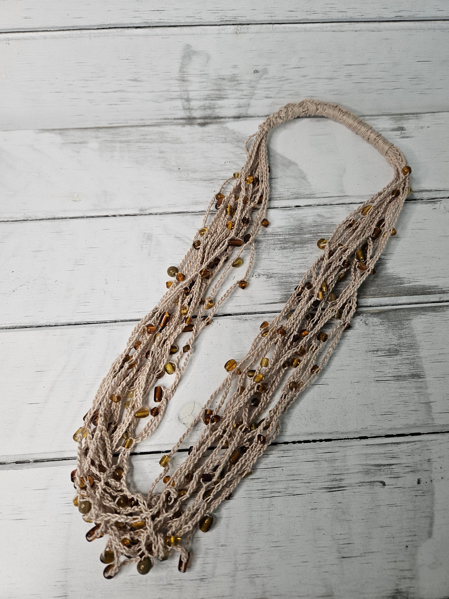 Multi Strand Hand Crochet Amber Glass Bead Minimalist Necklace