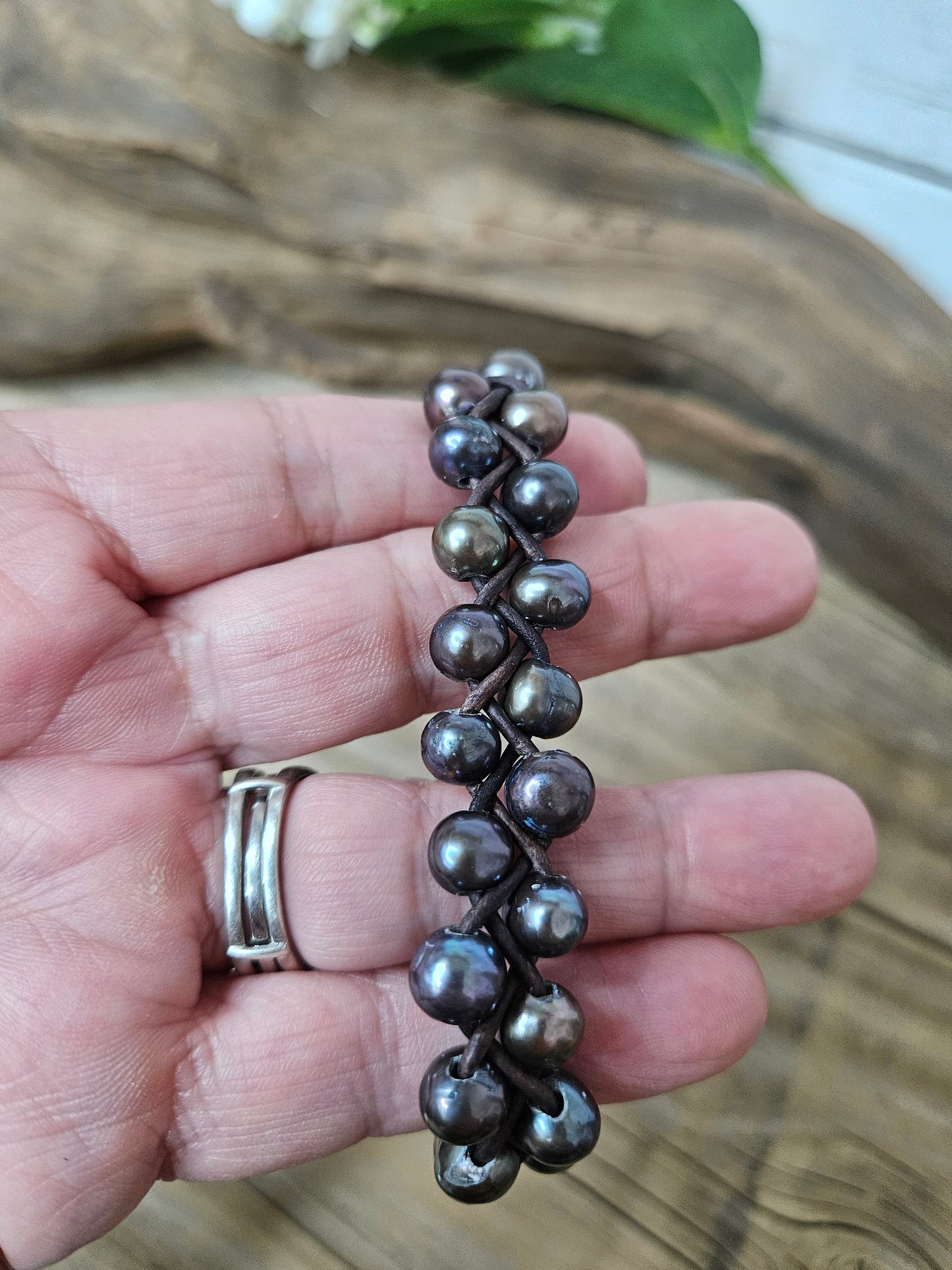 Leather Pearl-Braided Black Pearl on Brown Leather Bracelet