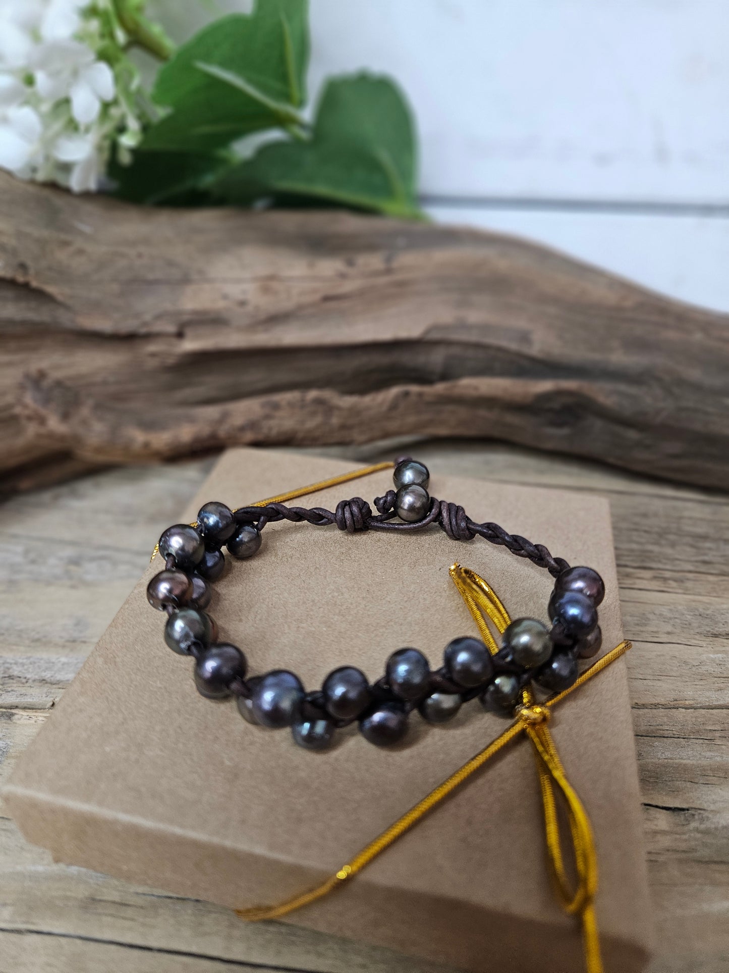 Leather Pearl-Braided Black Pearl on Brown Leather Bracelet