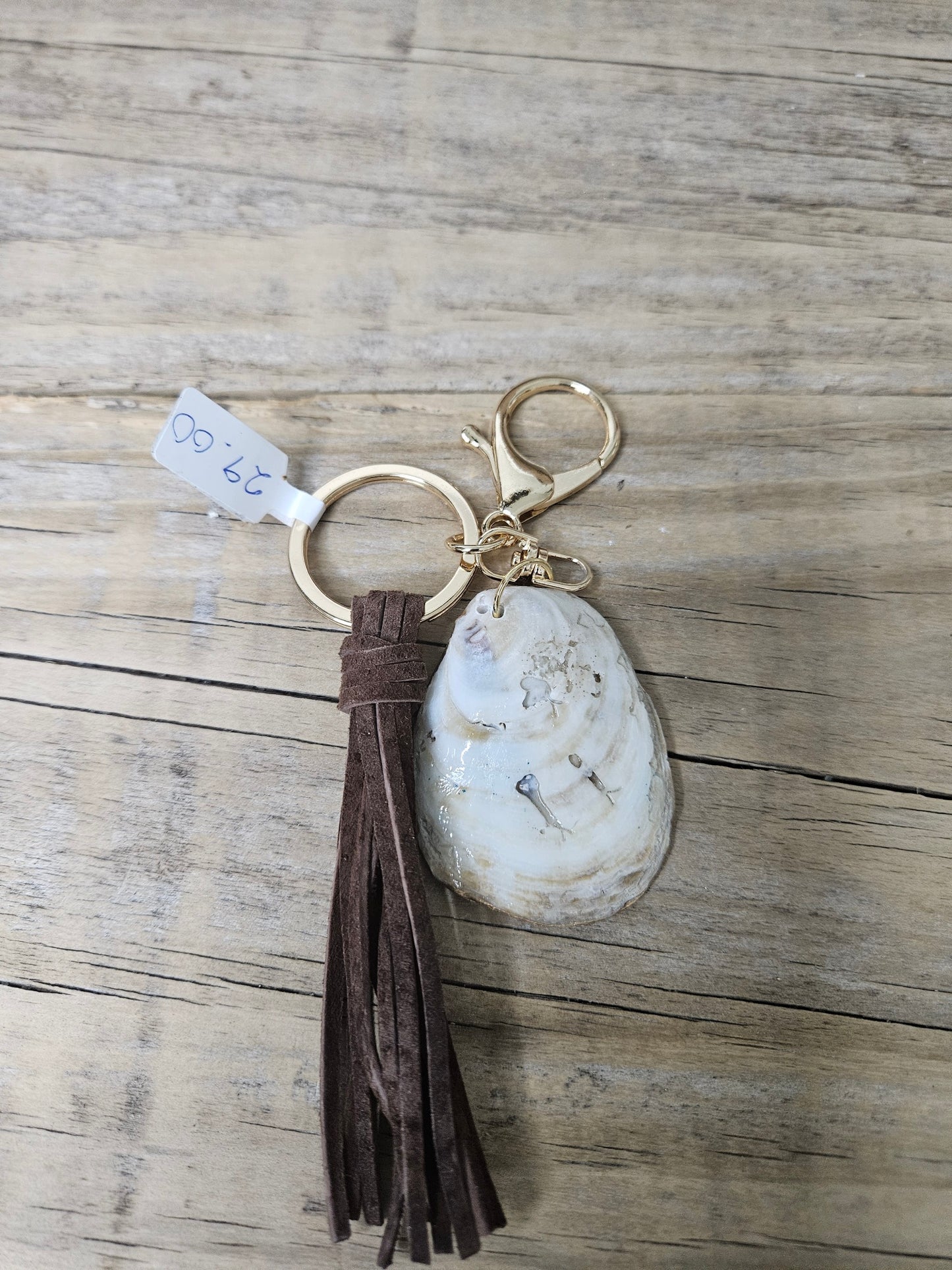 Decoupage Oyster Shell Keychain | Lilly Print Fabric Bag Charm