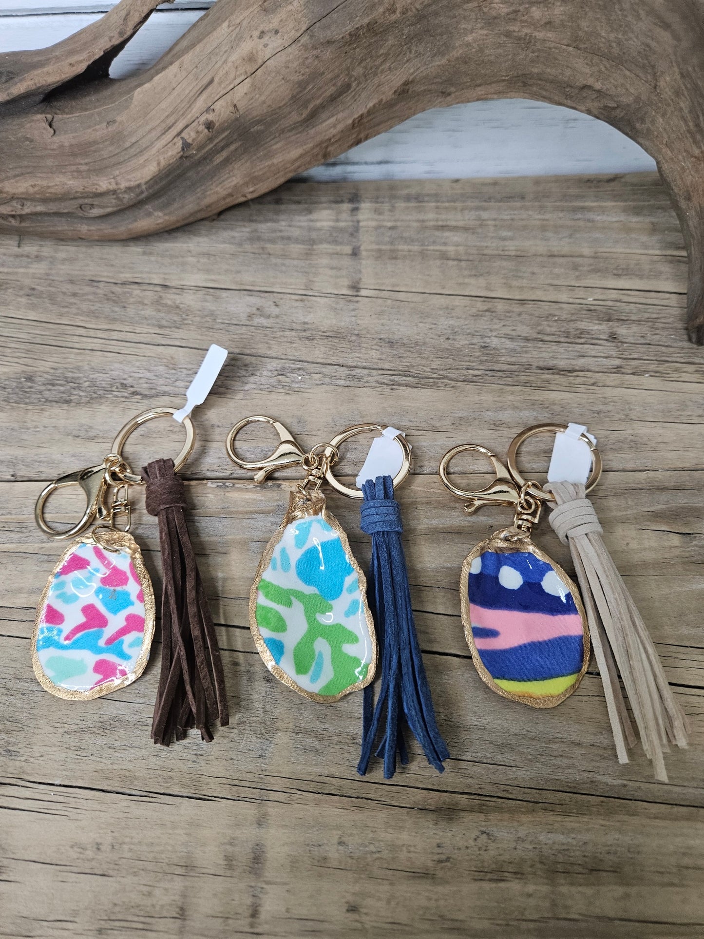 Decoupage Oyster Shell Keychain | Lilly Print Fabric Bag Charm