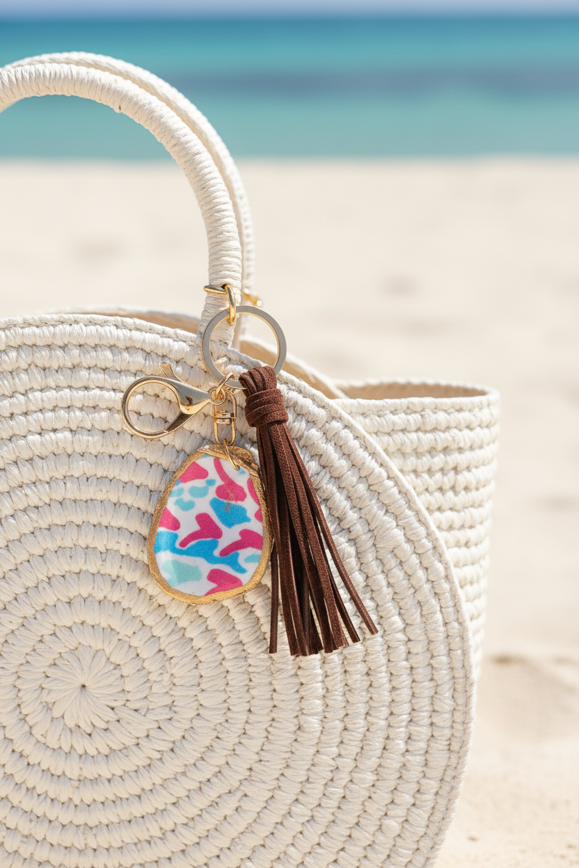 Decoupage Keychain on Straw Beach Bag