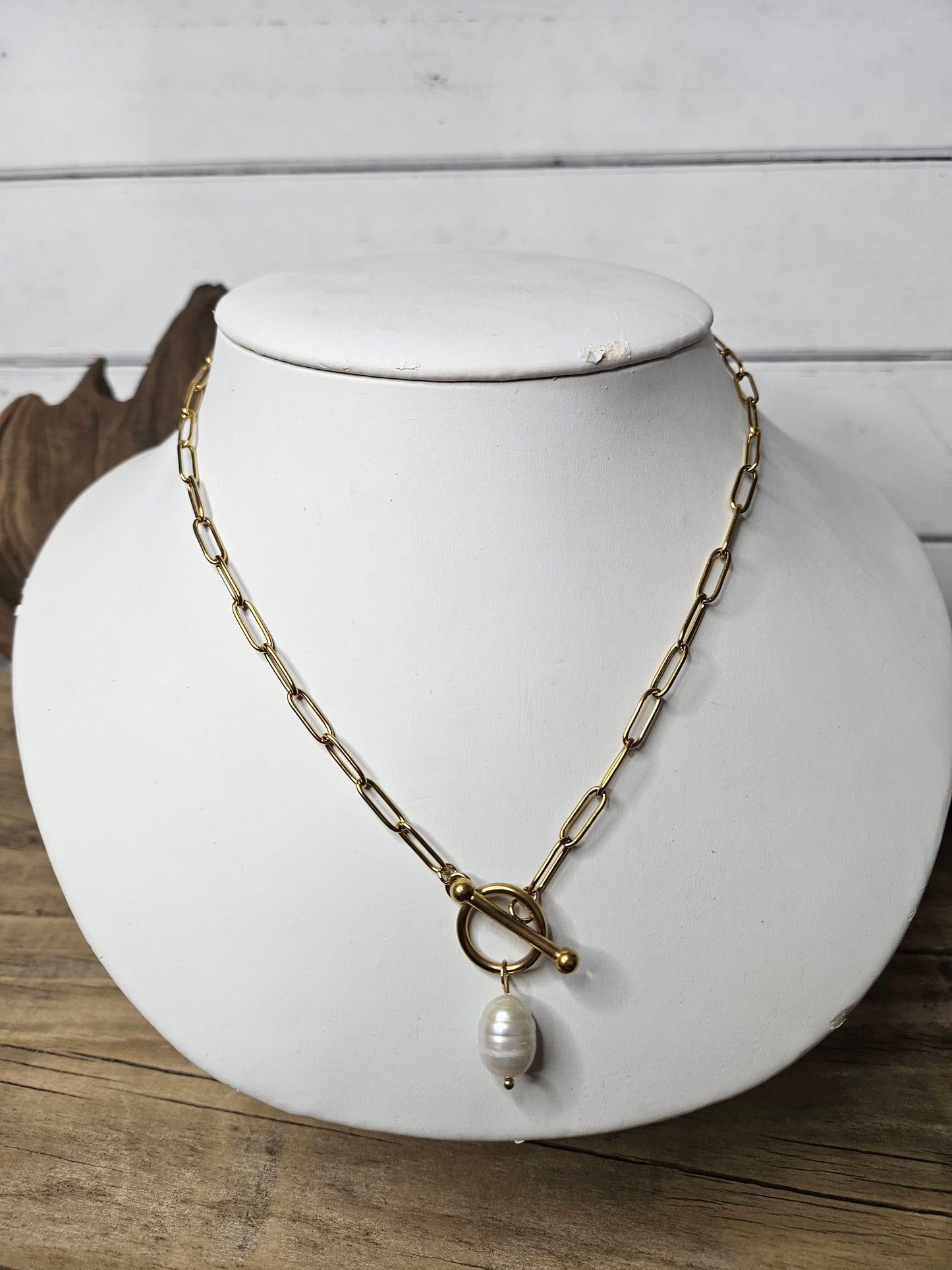 Gold Paperclip Pearl Toggle Necklace