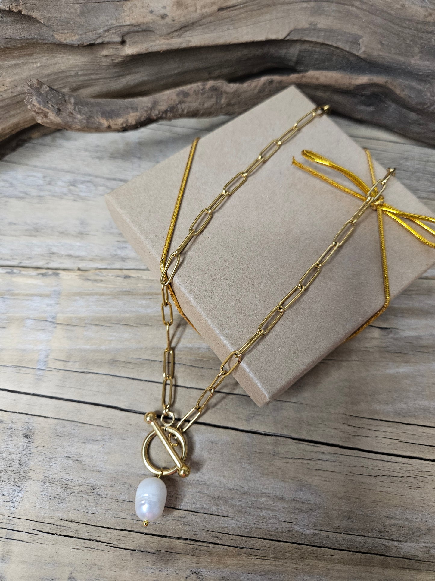 Gold Paperclip Pearl Toggle Necklace