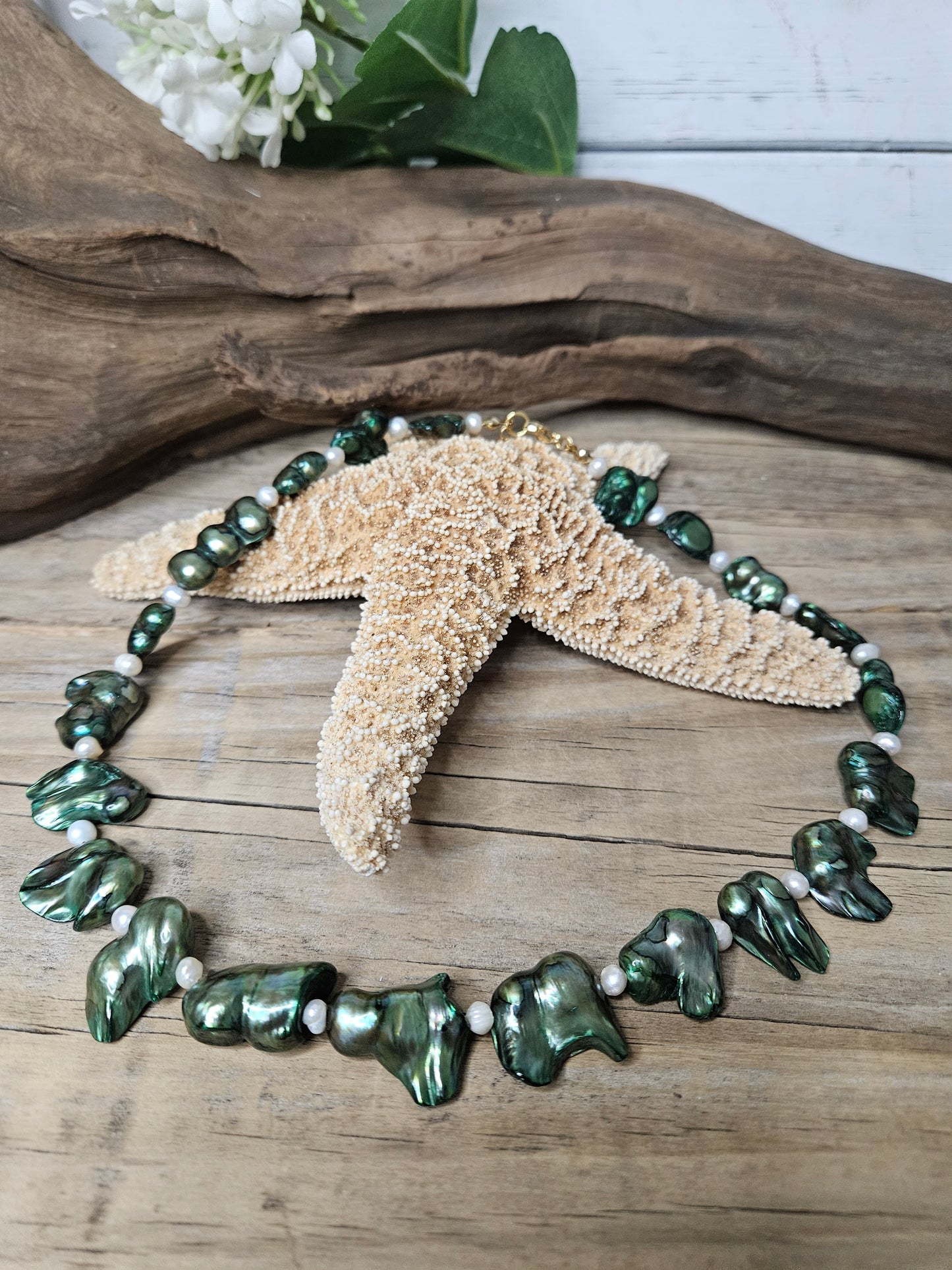Blister Pearl Necklace - Green with White Freshwater Pearls