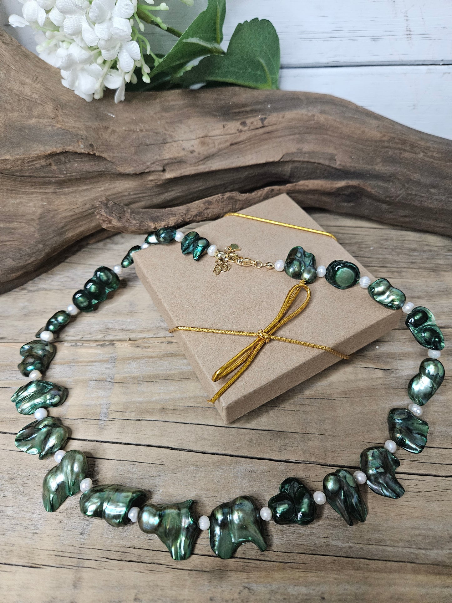 Blister Pearl Necklace - Green with White Freshwater Pearls