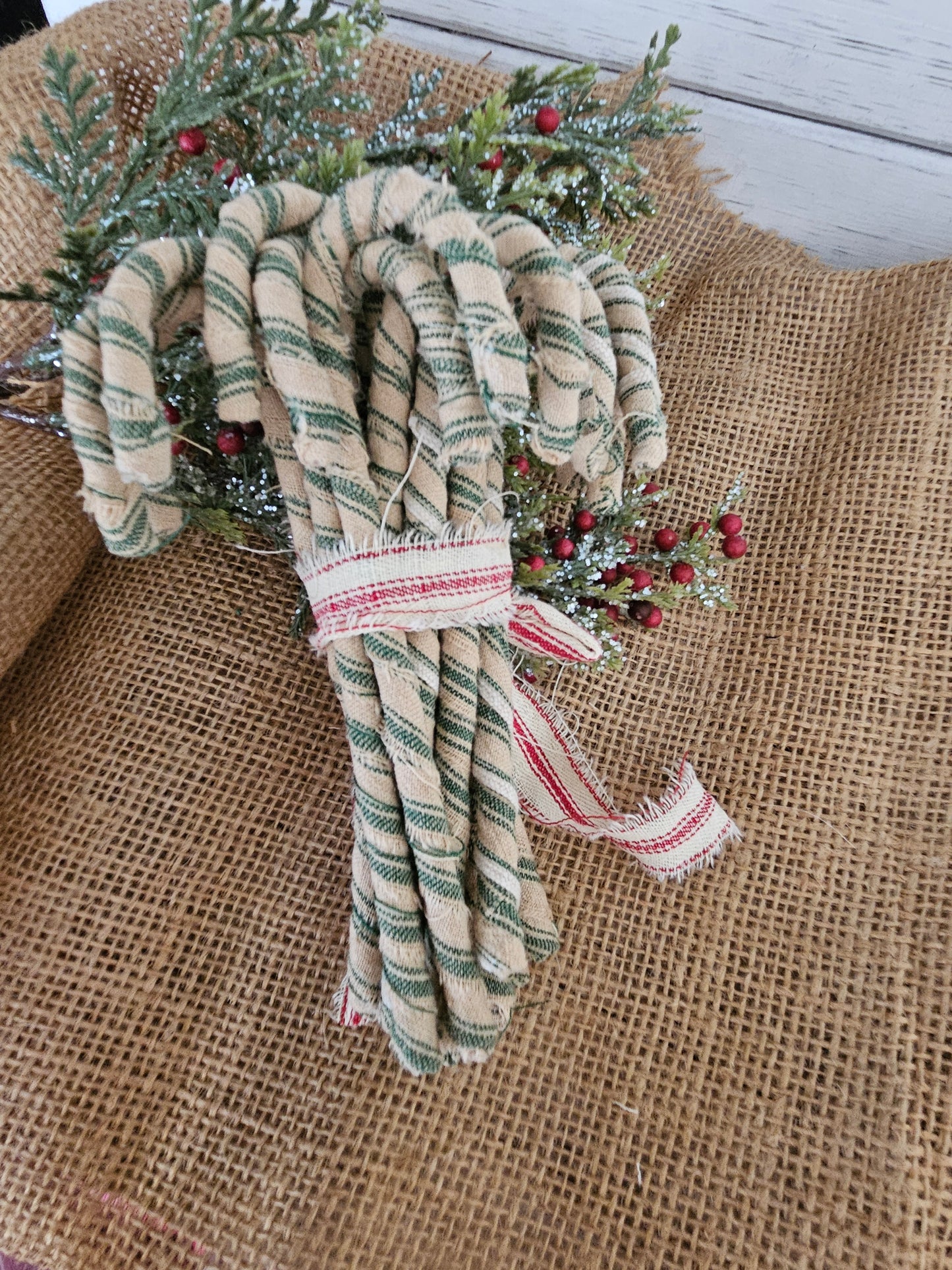 Handmade Homespun Green /Tan  Fabric Candy Canes, Primitive Christmas Ornaments, Set of 12
