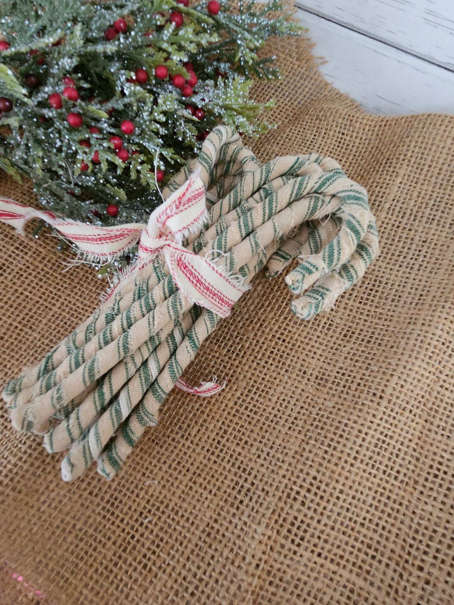 Handmade Homespun Green /Tan  Fabric Candy Canes, Primitive Christmas Ornaments, Set of 12