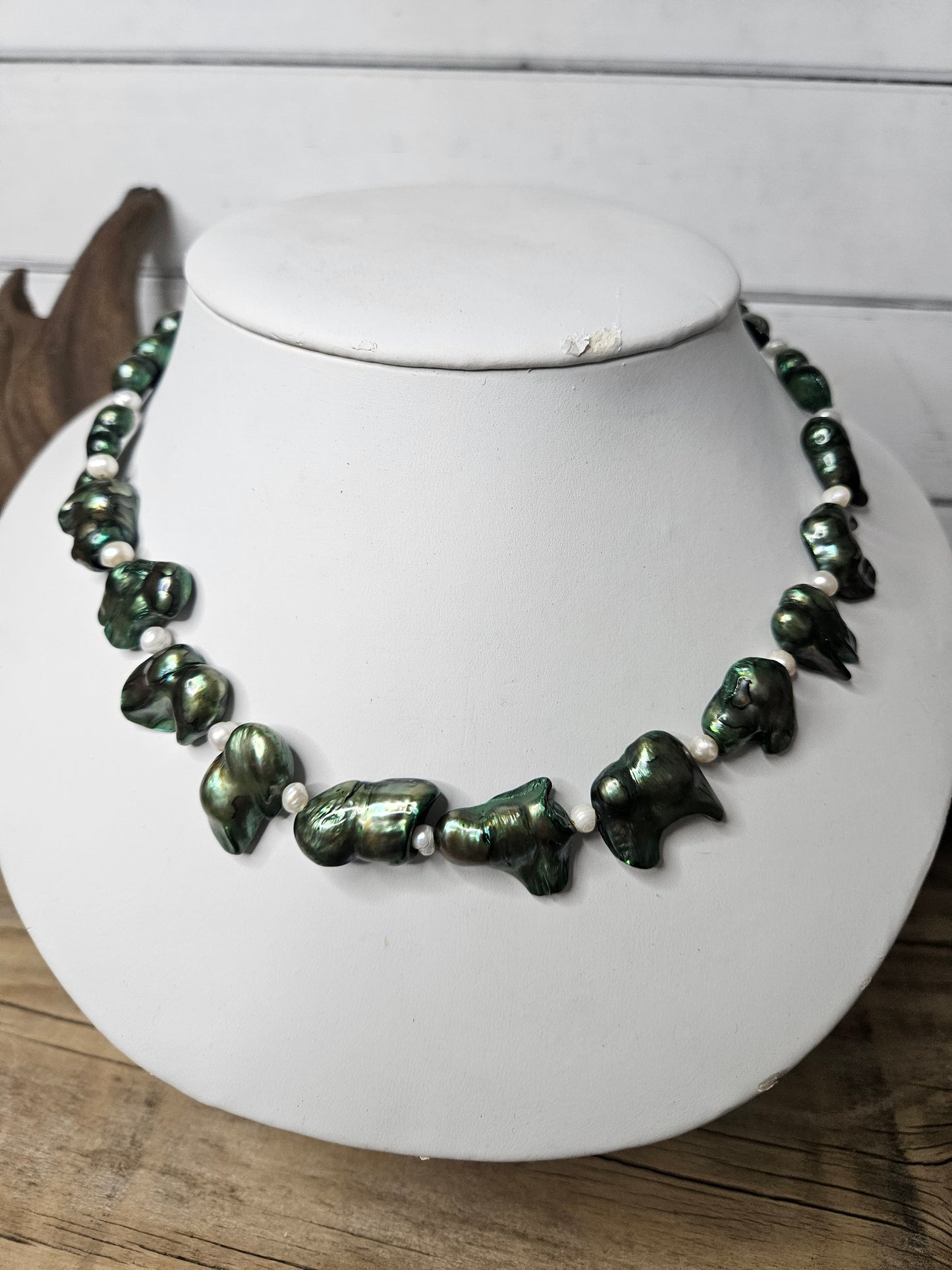 Blister Pearl Necklace - Green with White Freshwater Pearls