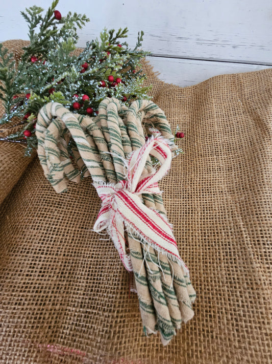 Handmade Homespun Green /Tan  Fabric Candy Canes, Primitive Christmas Ornaments, Set of 12