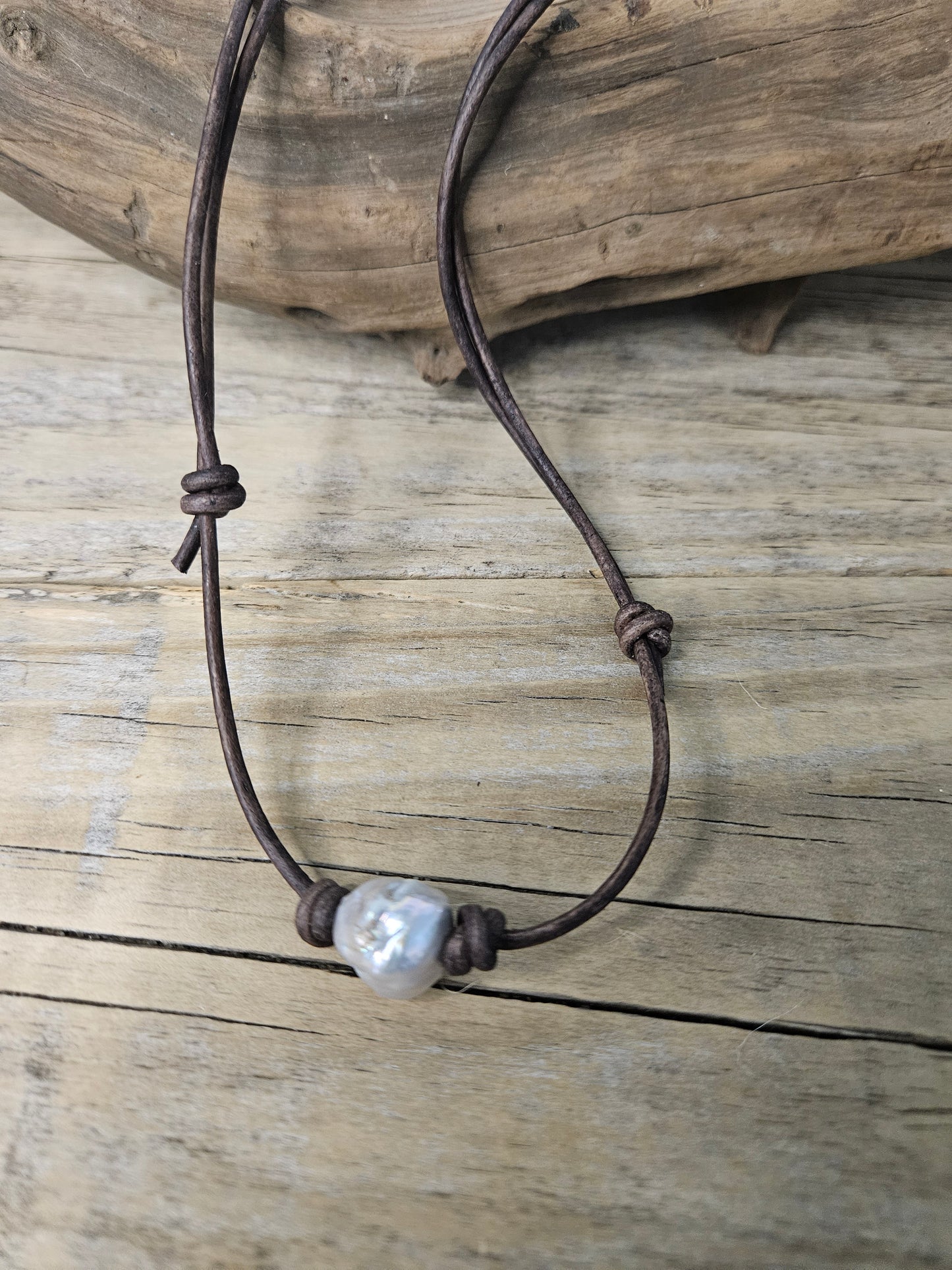 Silver Grey Single Baroque Pearl Leather Choker Necklace