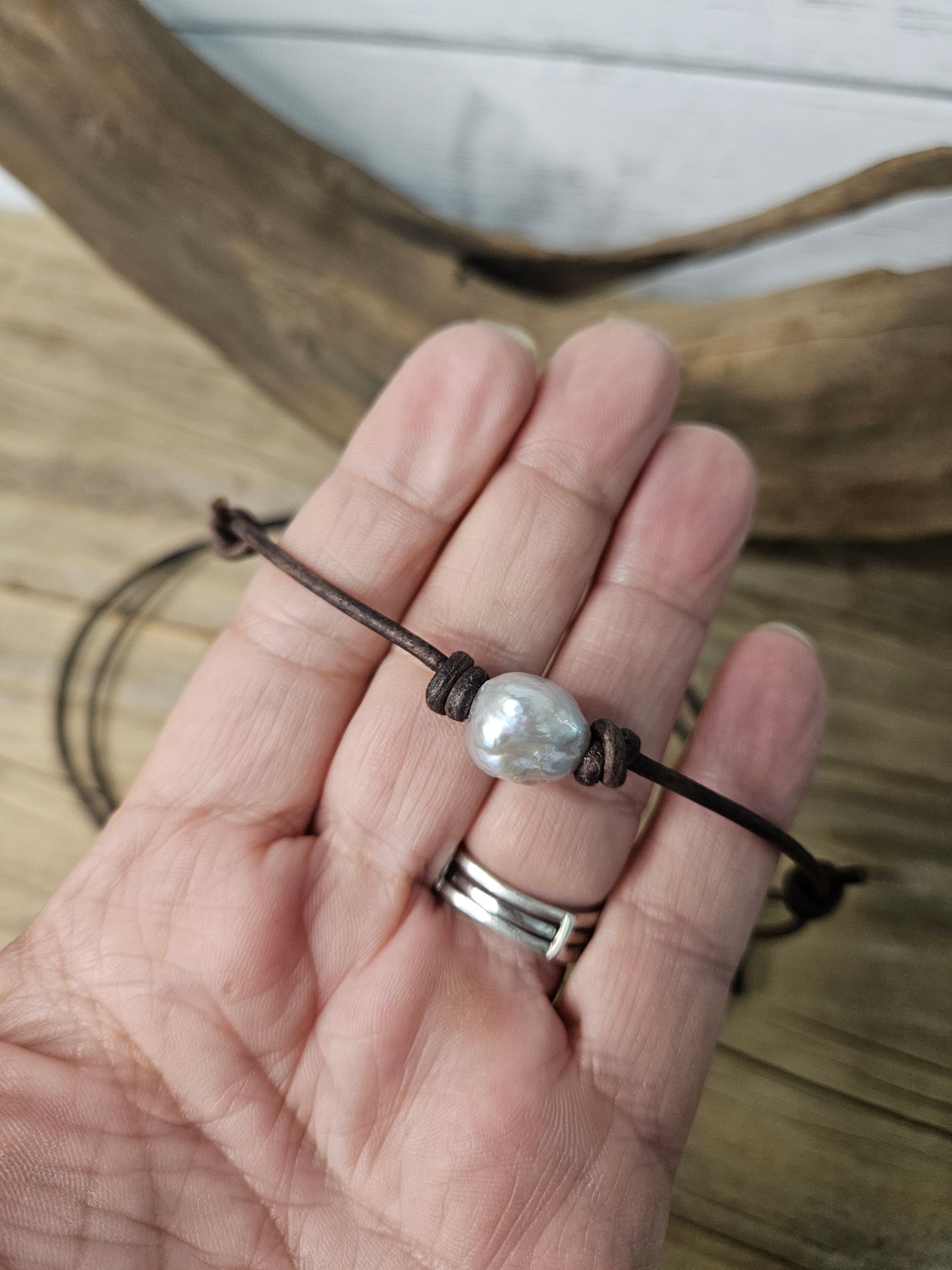 Silver Grey Single Baroque Pearl Leather Choker Necklace