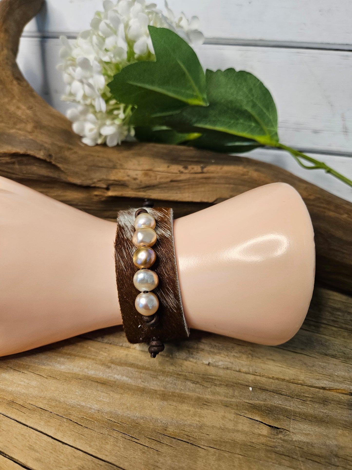 Leather Pearl wide Hair on Hide Bracelet