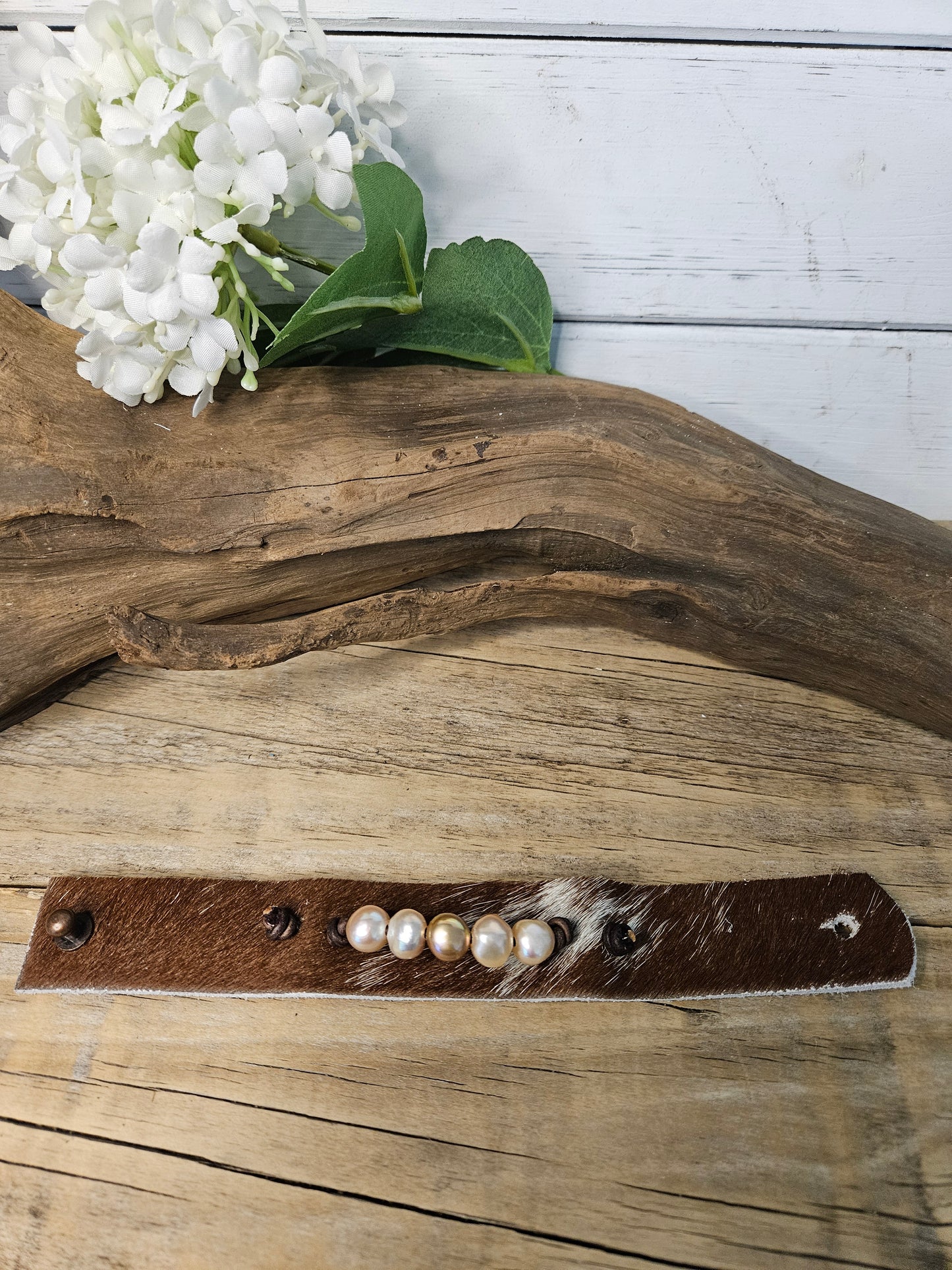Leather Pearl wide Hair on Hide Bracelet