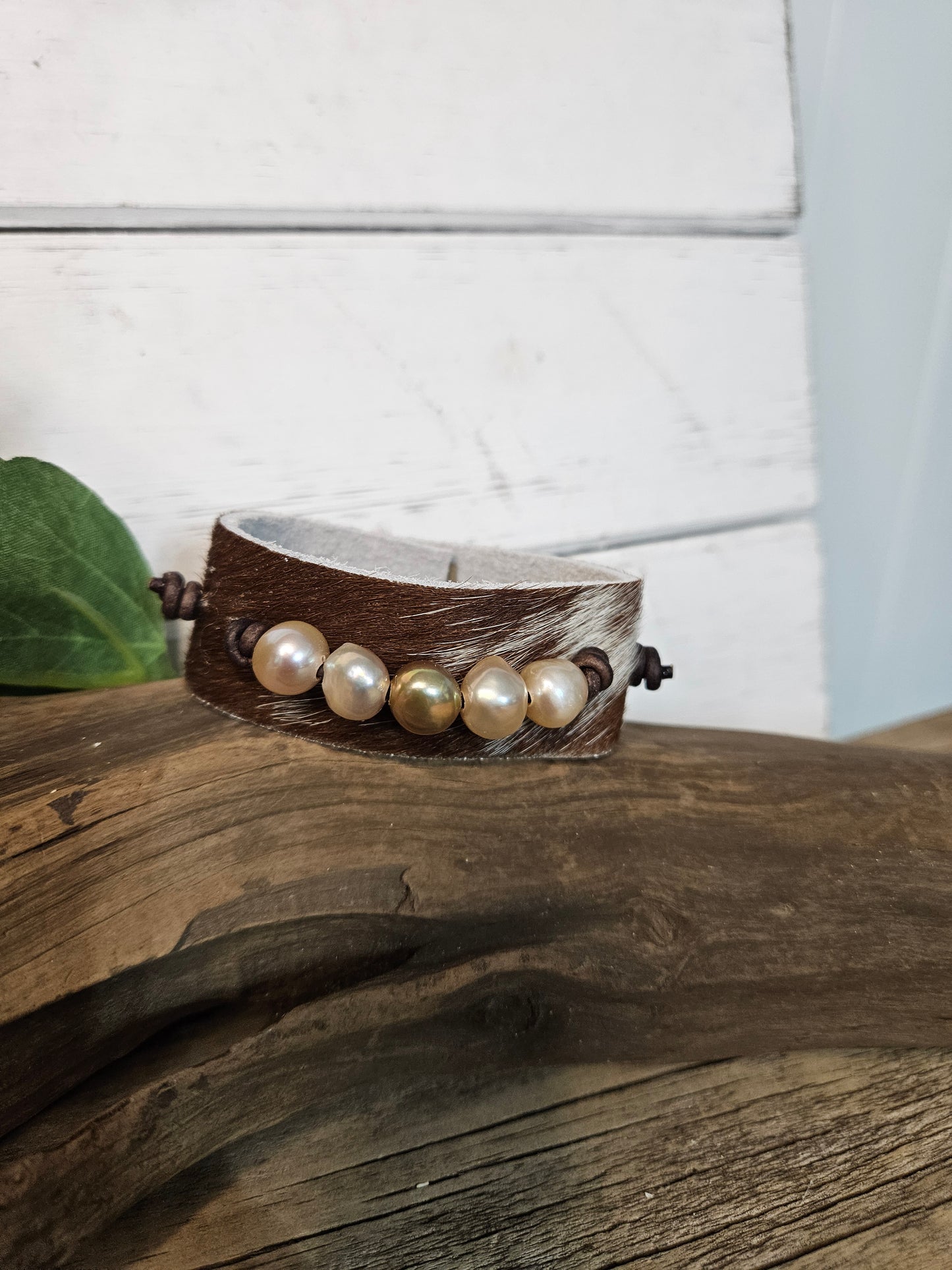 Leather Pearl wide Hair on Hide Bracelet