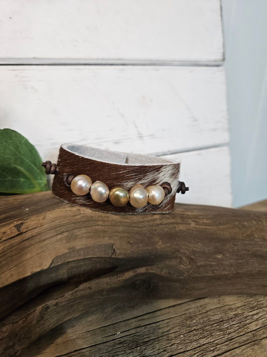 Leather Pearl wide Hair on Hide Bracelet