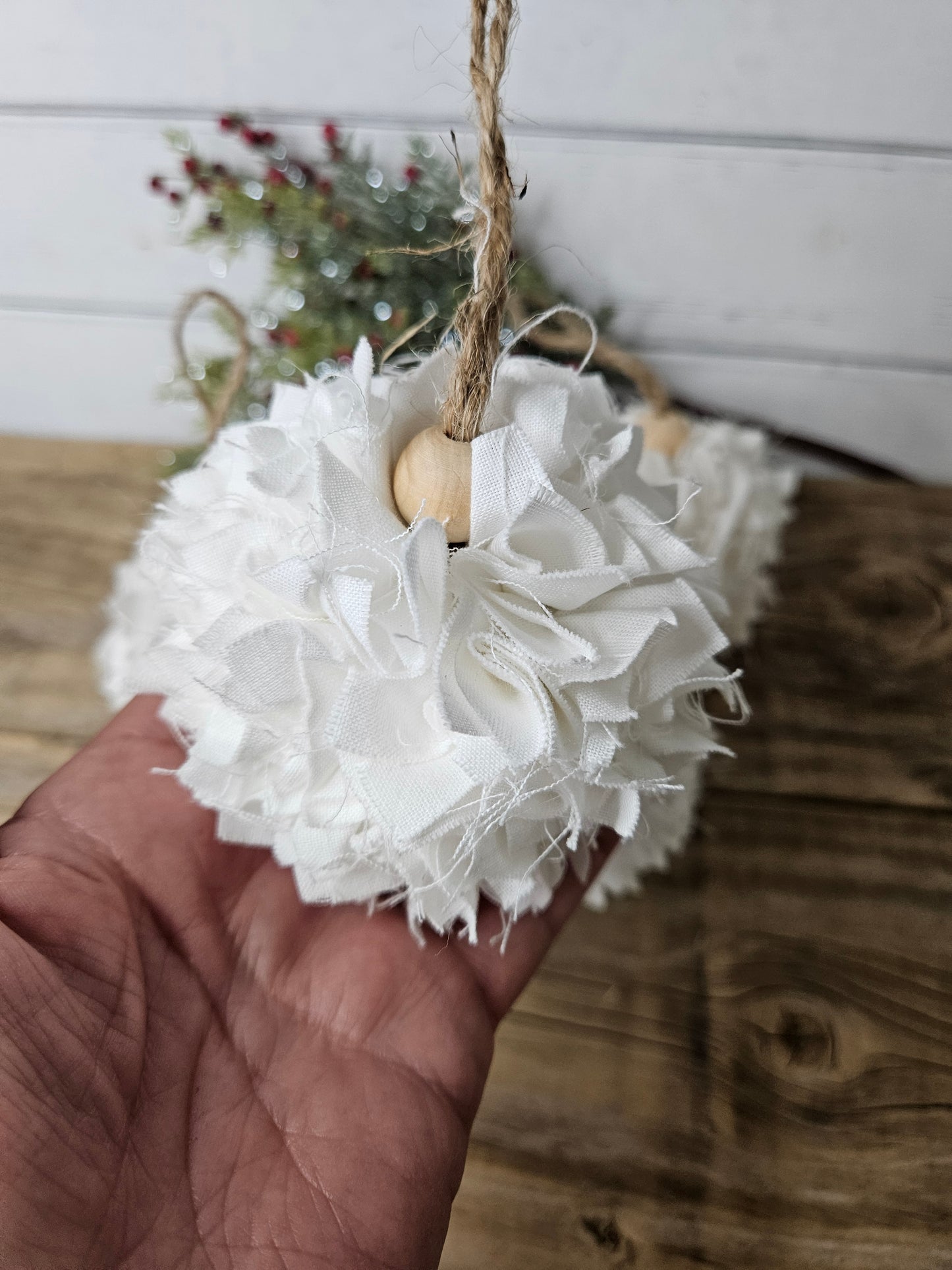 Rustic White or cream Rag Cloth Christmas Ornaments - Farmhouse Set of 4