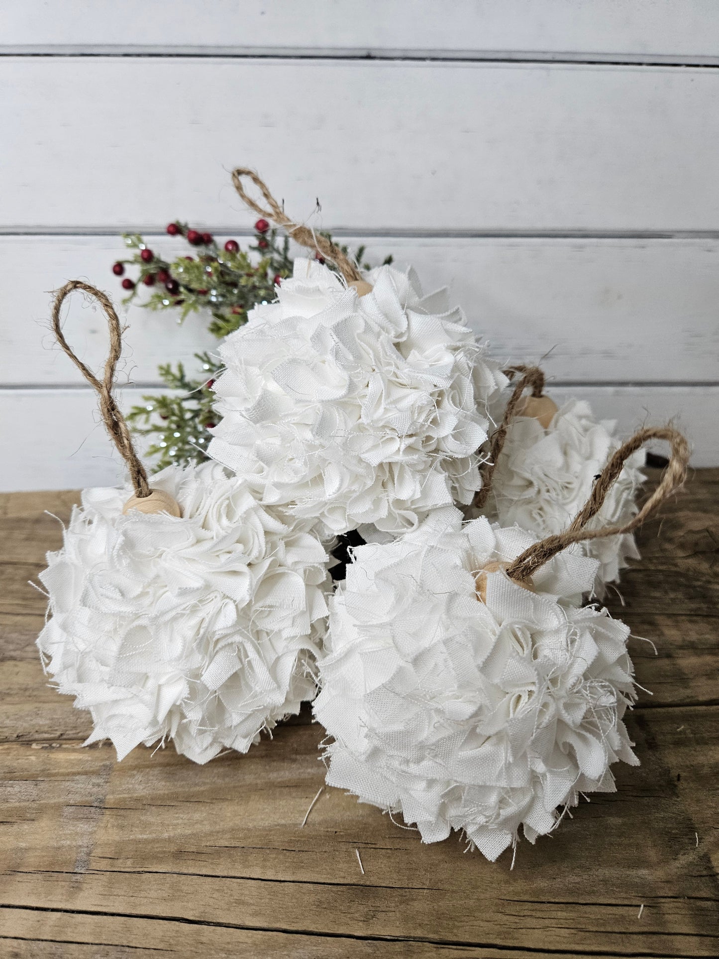 Rustic White or cream Rag Cloth Christmas Ornaments - Farmhouse Set of 4