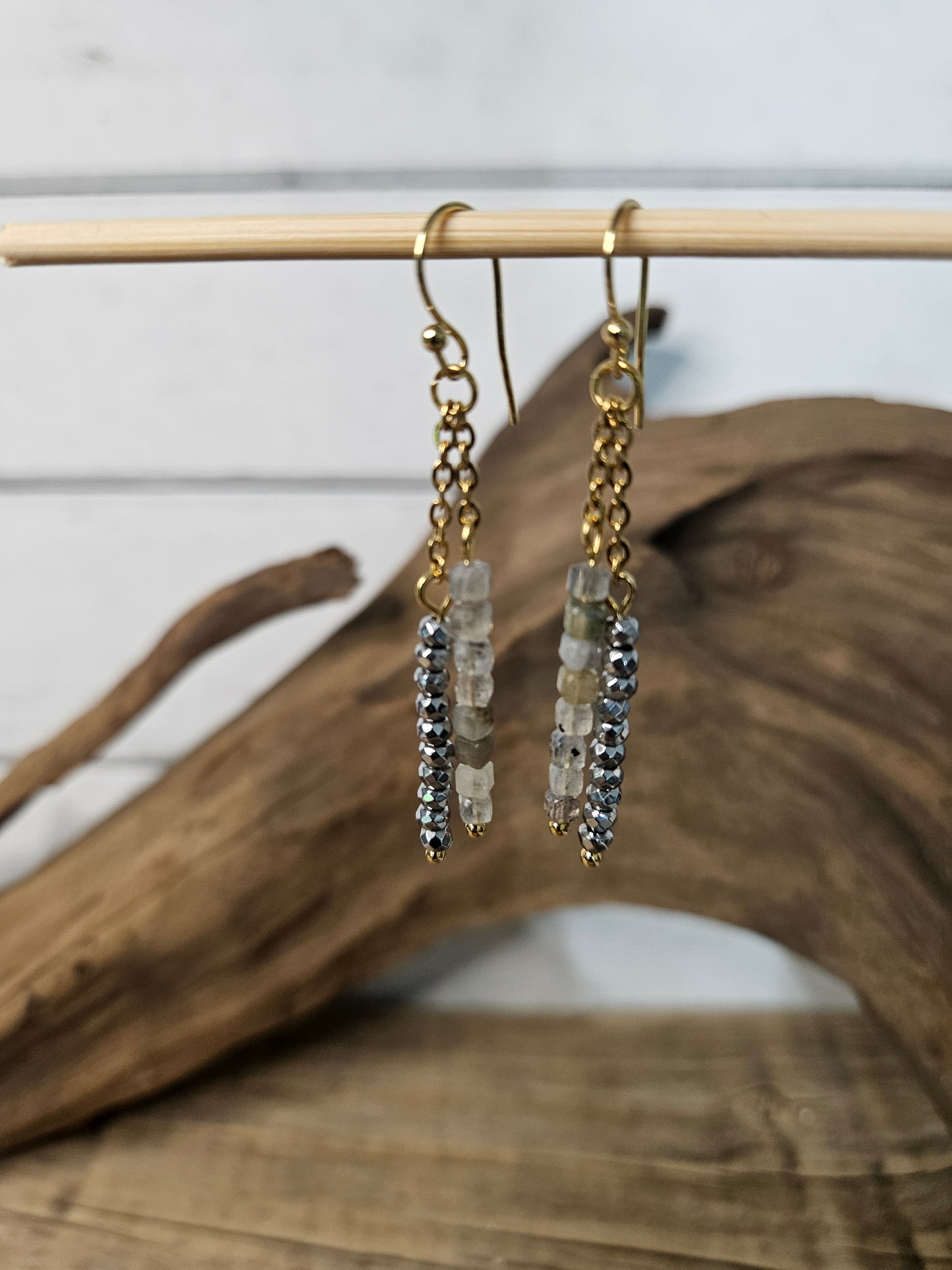 Labradorite & Hematite Gold Stainless Steel Dangle Earrings