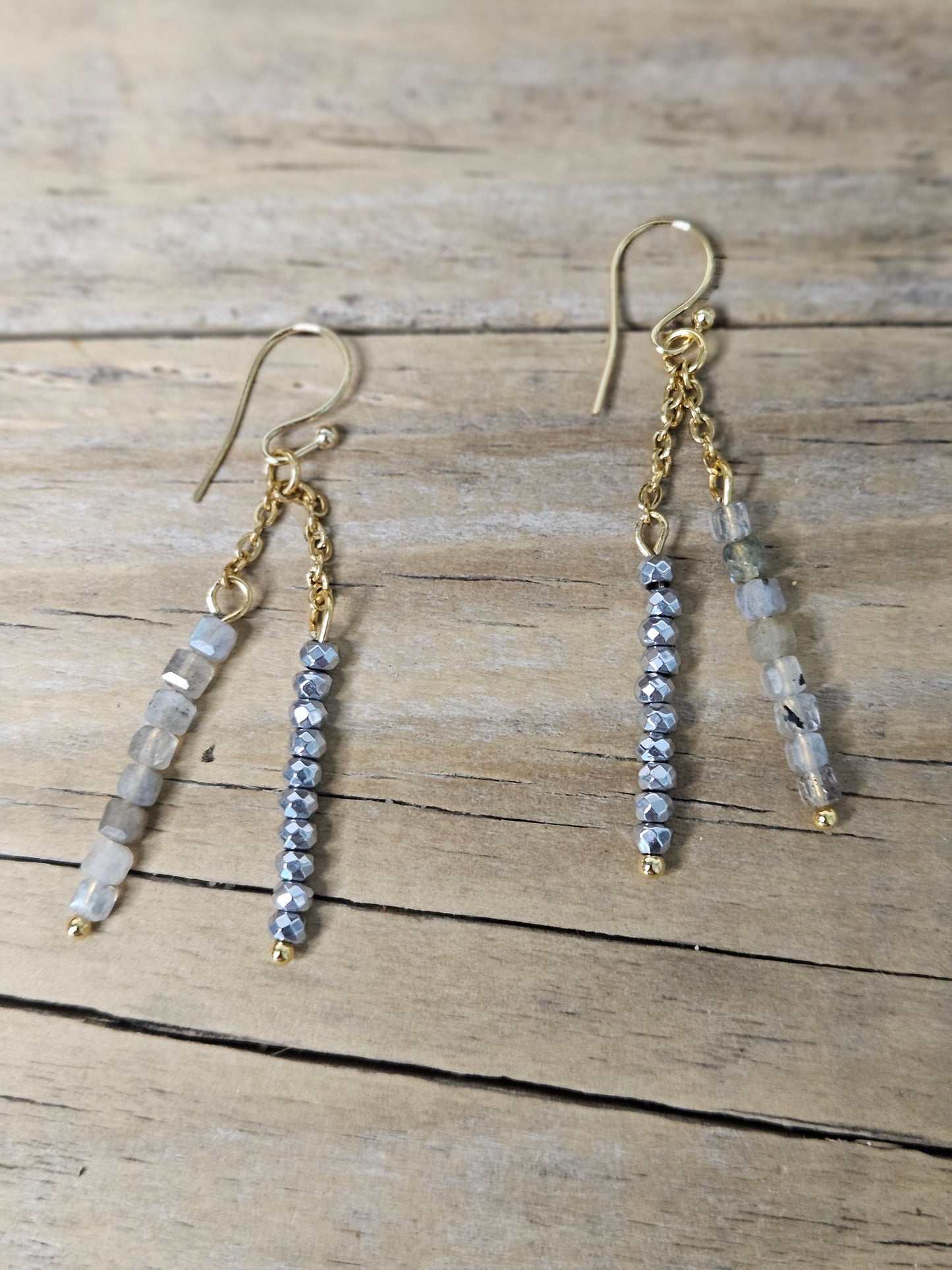 Labradorite & Hematite Gold Stainless Steel Dangle Earrings