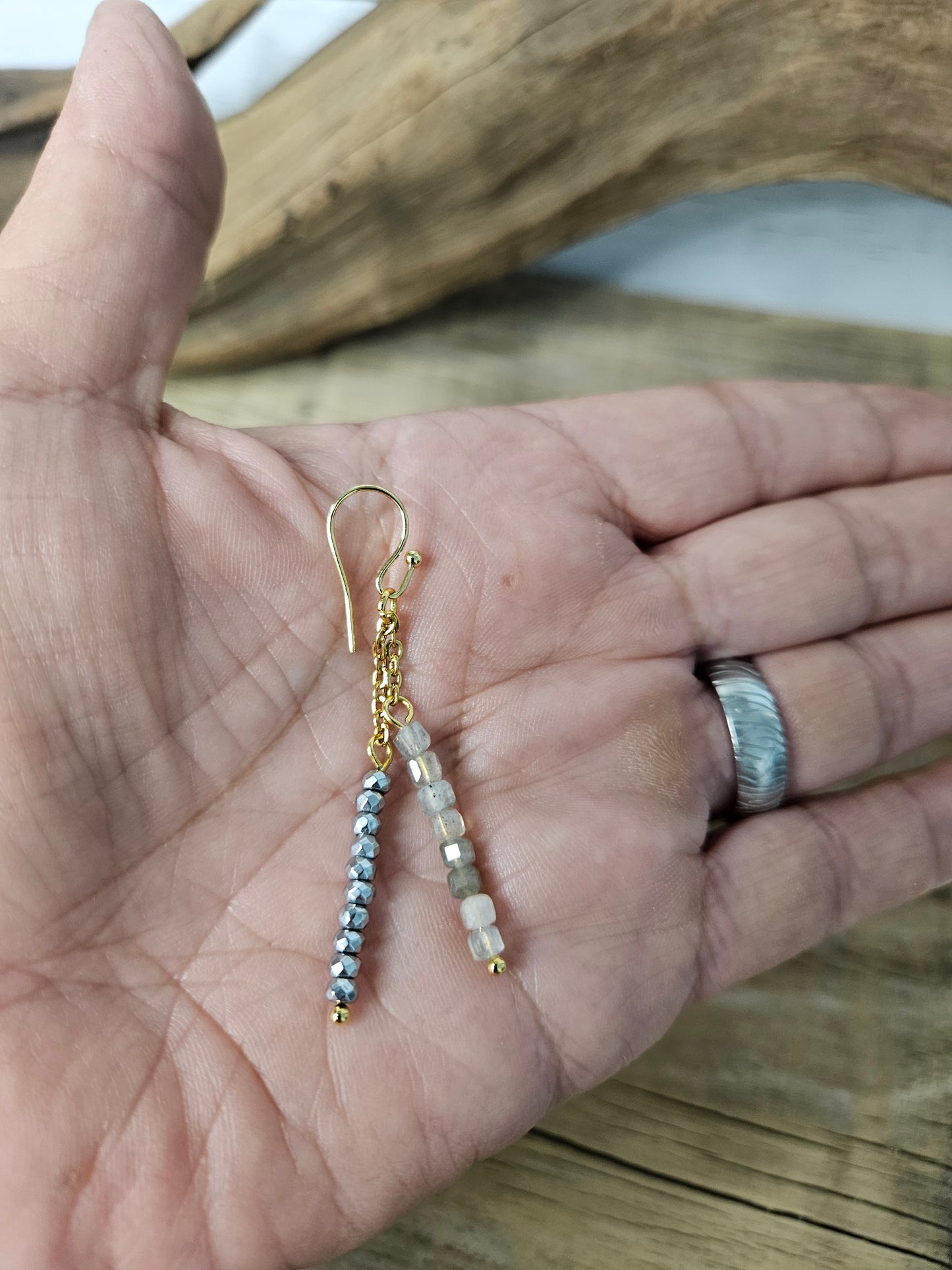 Labradorite & Hematite Gold Stainless Steel Dangle Earrings
