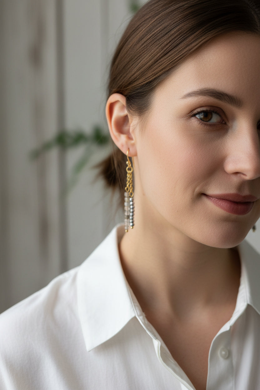 Labradorite & Hematite Gold Stainless Steel Dangle Earrings