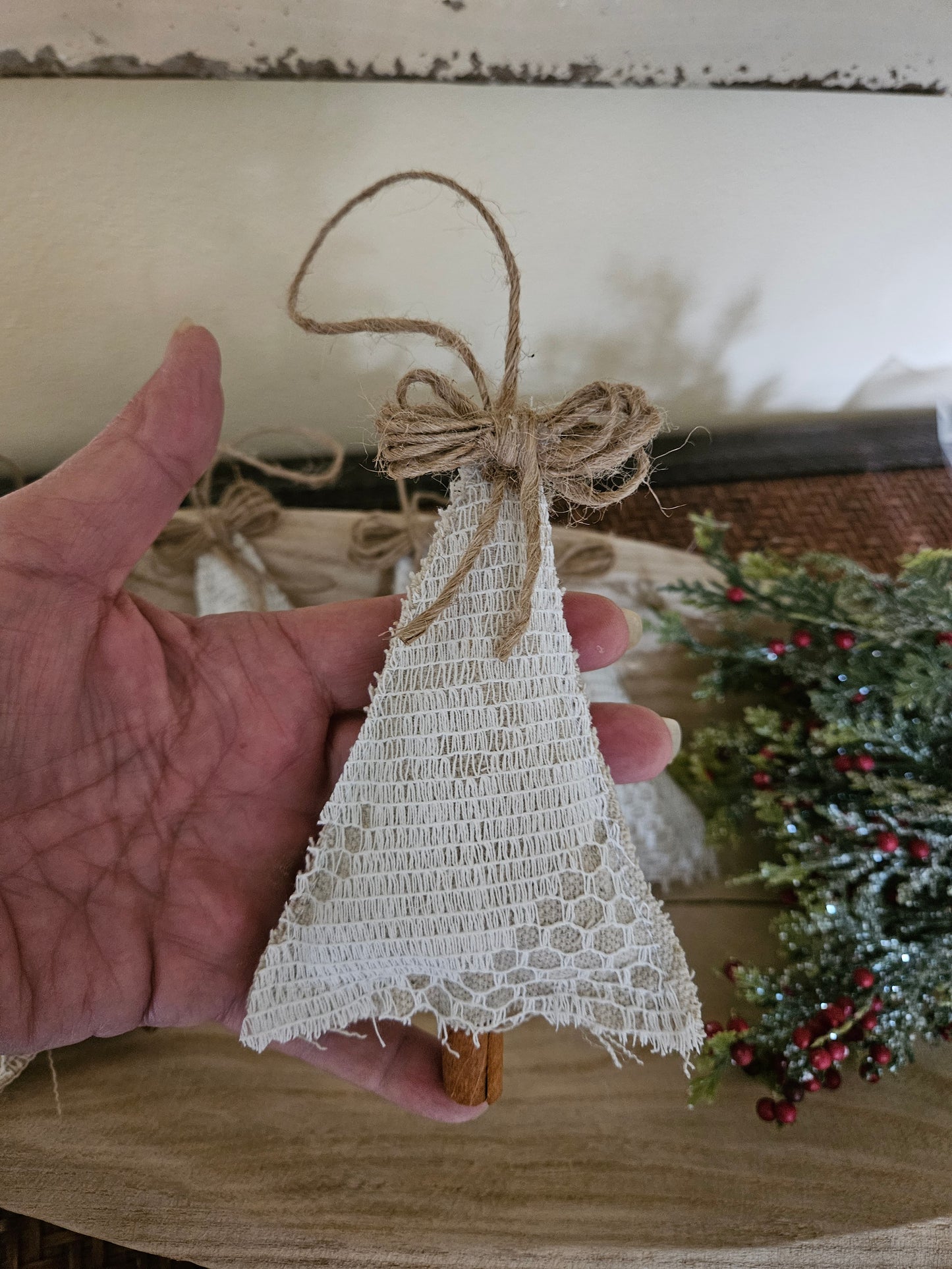 Country Farmhouse Chic Lace Christmas Tree Ornaments set of 6