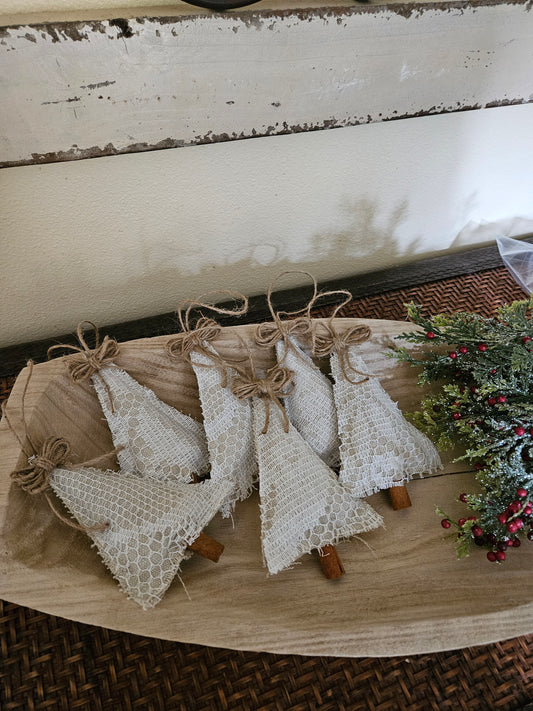 Country Farmhouse Chic Lace Christmas Tree Ornaments set of 6