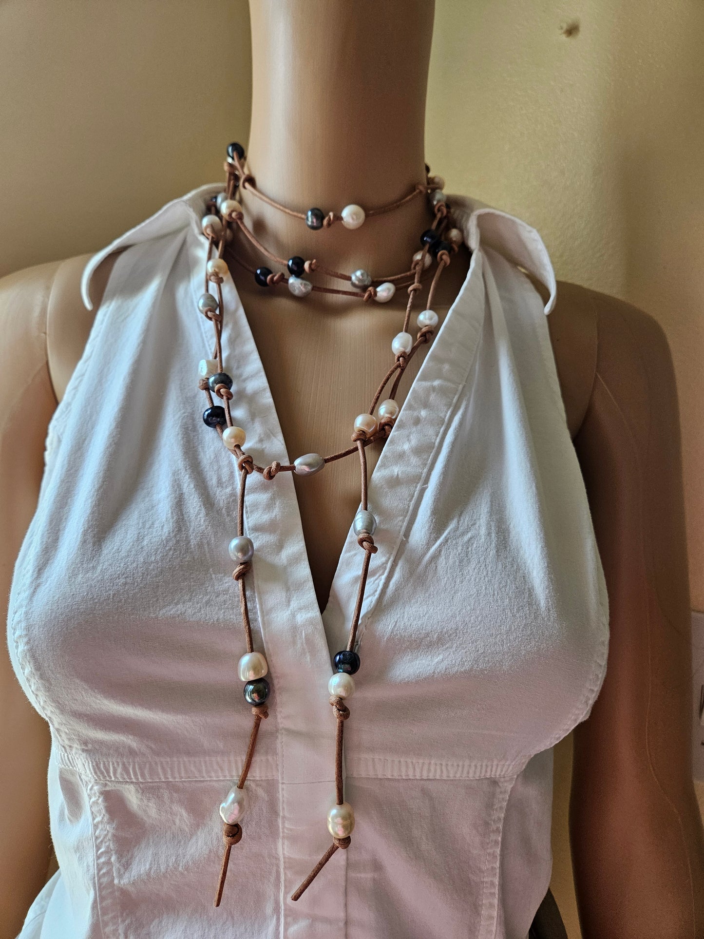Boho Leather Lariat Necklace: Multi Pearl Colors, Extra Long