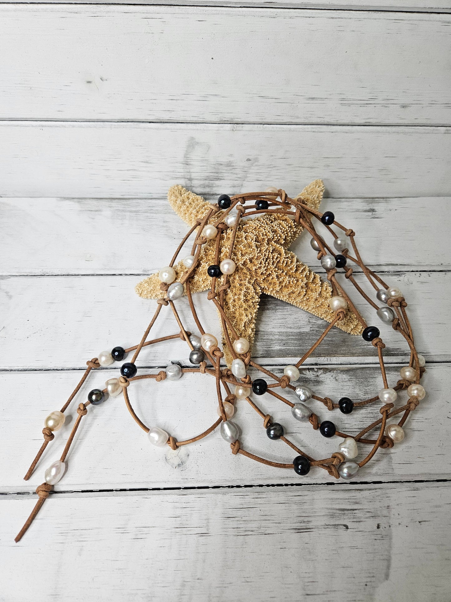 Boho Leather Lariat Necklace: Multi Pearl Colors, Extra Long