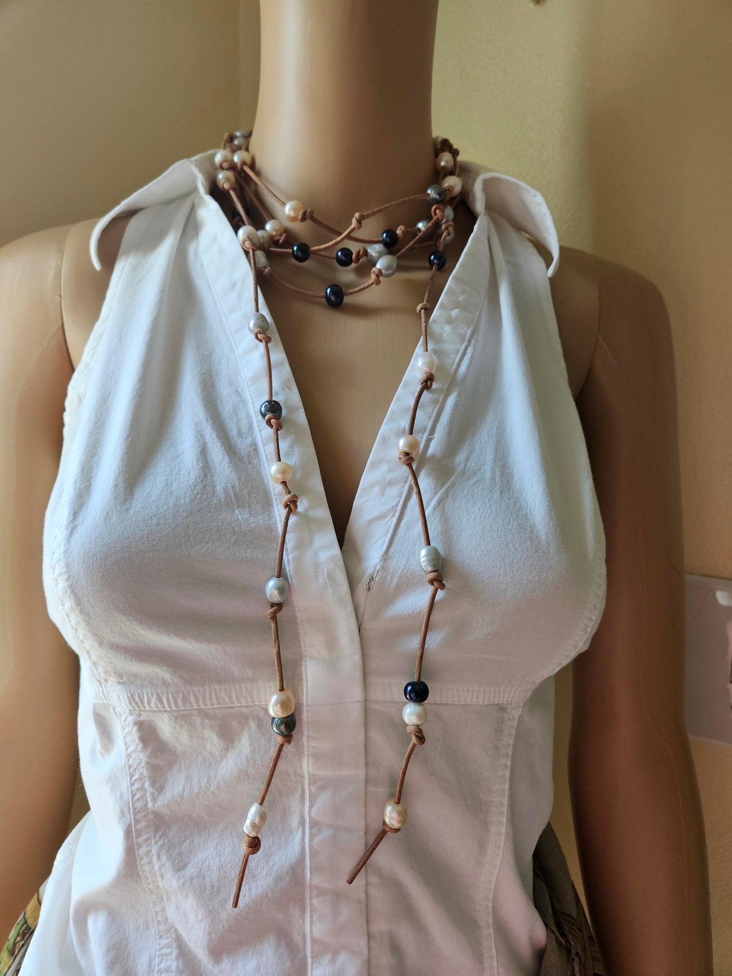 Boho Leather Lariat Necklace: Multi Pearl Colors, Extra Long