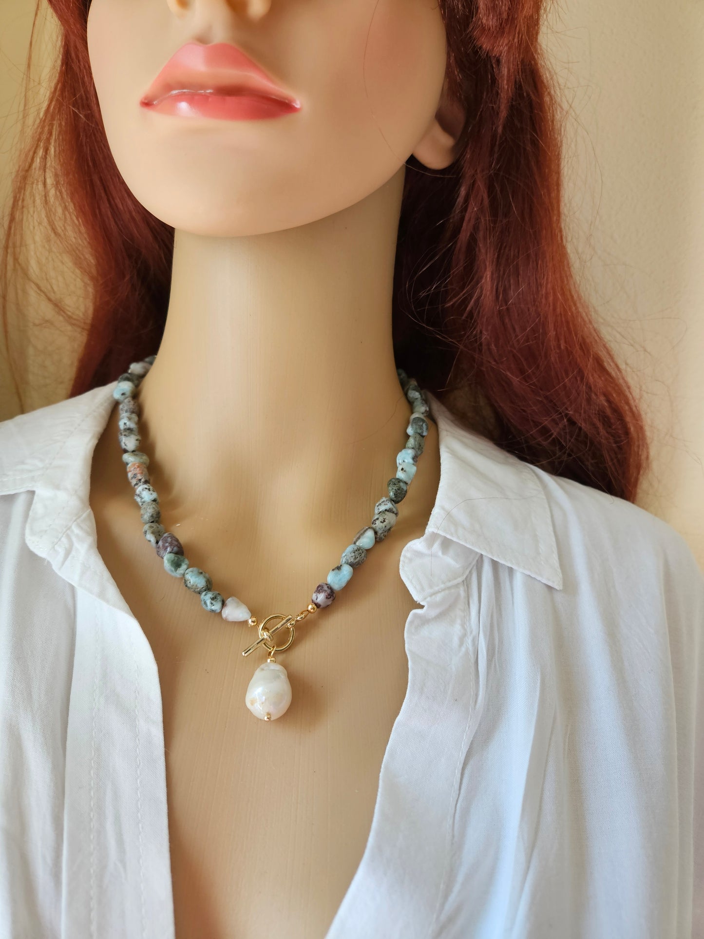 Boho Beach Larimar Nugget Toggle Freshwater Baroque Pearl Necklace